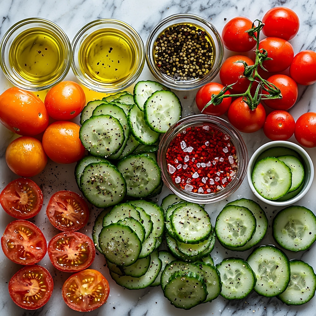 2 large peeled cucumbers sliced into rounds and chunks, 4 large ripe red tomatoes cut into wedges, small glass bowl with glossy golden olive oil, clear glass bowl with deep red red wine vinegar, small white dish with coarse salt, tiny white bowl with freshly ground black pepper, arranged neatly on a clean white marble surface, vibrant colors of fresh vegetables contrasting with minimalist white dishes, natural soft lighting highlighting the juicy textures and freshness, small rustic wooden spoon resting near the bowls, scattered cucumber slices and tomato wedges artfully placed around to add depth and interest, subtle shadows enhancing dimension, fresh and crisp aesthetic, overhead shot, top down view, flat lay photography, professional food styling --ar 1:1 --q 2 --s 750 --v 6.1