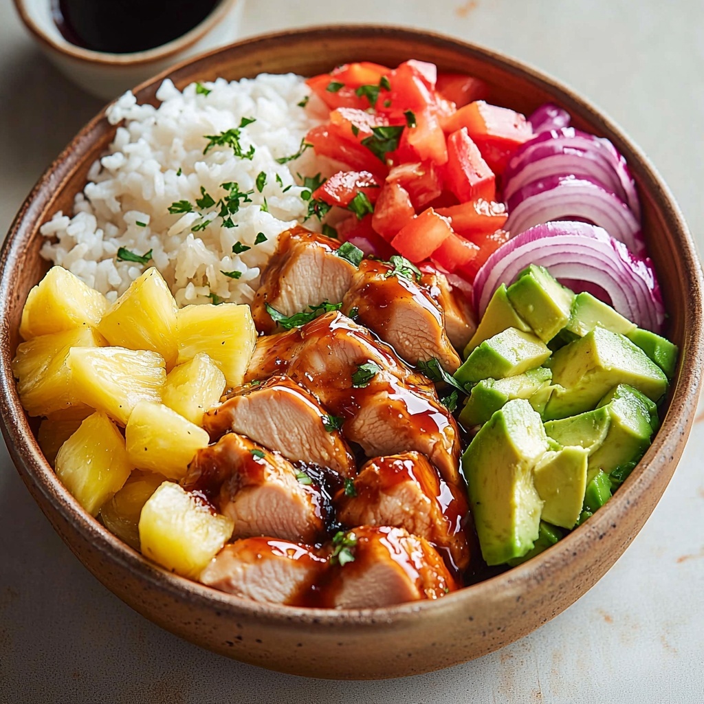 A vibrant flat lay of fresh ingredients for a Hawaiian Chicken Bowl arranged neatly on a clean white surface. In one area, a large raw chicken breast with a glossy texture, adjacent to a small bowl of marinating teriyaki and soy sauce with a rich, dark glaze. Nearby, a half cup of fluffy jasmine rice displayed loosely, showcasing its soft grains. Bright yellow fresh pineapple chunks and red bell pepper diced into neat cubes add vivid pops of color. Thin slices of creamy green avocado and delicate, translucent rings of red onion arranged artistically. The overall composition balanced with contrasting textures: smooth chicken, fibrous pineapple, crisp bell pepper, soft rice, and silky avocado. Soft natural lighting enhances the fresh, vibrant hues with gentle shadows to deepen dimension. Minimal props, clean lines, and subtle styling highlight the freshness and variety of ingredients. Overhead shot, top down view, flat lay photography, professional food styling --ar 1:1 --q 2 --s 750 --v 6.1