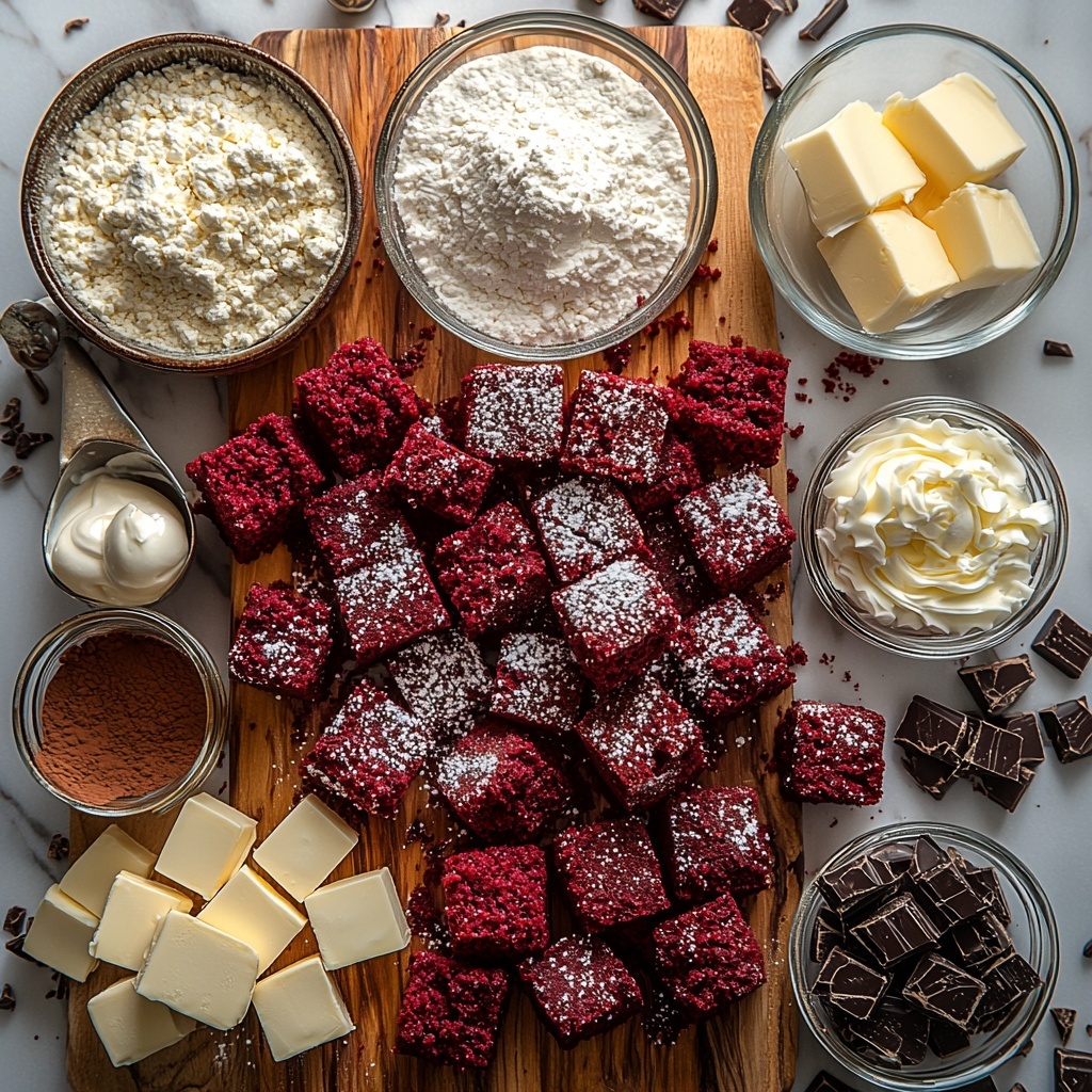 red velvet cake cubes in vibrant deep red with velvety texture, small piles of all-purpose flour and cocoa powder in rustic ceramic bowls, fine granulated sugar sparkling in a glass jar, softened pale yellow unsalted butter on a wooden board, a cracked white egg on a small dish, a small bowl of creamy buttermilk with a glossy sheen, a tiny bowl of bright red food coloring, clear glass bottles or small bowls containing white vinegar and vanilla extract, smooth cream cheese block softened and slightly glossy, a bowl of fluffy powdered sugar dusted lightly, a glass bowl of thick heavy whipping cream with soft peaks, optional white chocolate shavings thin and curly, and crumbled red velvet crumbs sprinkled loosely nearby; all ingredients carefully spaced and arranged on a clean white marble surface with subtle natural sunlight casting soft shadows, accented with a vintage silver spoon and a neutral linen napkin to add warmth and texture; colors rich and contrasting with reds, whites, creams, and warm browns; textures ranging from powdery to creamy to crumbly, styled with minimal props to emphasize freshness and handmade quality, overhead shot, top down view, flat lay photography, professional food styling --ar 1:1 --q 2 --s 750 --v 6.1