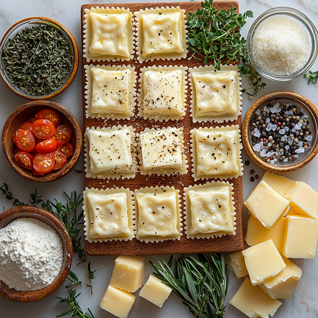 Refrigerated ravioli packages with visible pasta texture, unsalted butter cubes creamy yellow, peeled garlic cloves white and slightly glossy, diced small shallot pale purple and translucent, a spoonful of deep red tomato paste thick and rich, small wooden bowl with mixed Italian seasoning herbs green and brown, crushed red pepper flakes bright red specks, heap of all-purpose flour soft white powder, glass of dry white wine pale golden liquid with light reflections, clear bowl of chicken stock light amber broth, half cup of heavy cream smooth and creamy white, small pile of julienned sun dried tomatoes dark reddish-brown with chewy texture, coarse kosher salt crystals gleaming white, freshly ground black pepper coarse black grains, small mound of freshly grated Parmesan cheese off-white with fine texture, sprigs of bright green chopped fresh parsley leaves, all ingredients carefully spaced on a clean white marble surface with subtle natural veins, arranged artistically with contrasting colors and textures, soft natural light casting gentle shadows, minimalistic and elegant styling, vibrant and fresh appearance, overhead shot, top down view, flat lay photography, professional food styling --ar 1:1 --q 2 --s 750 --v 6.1
