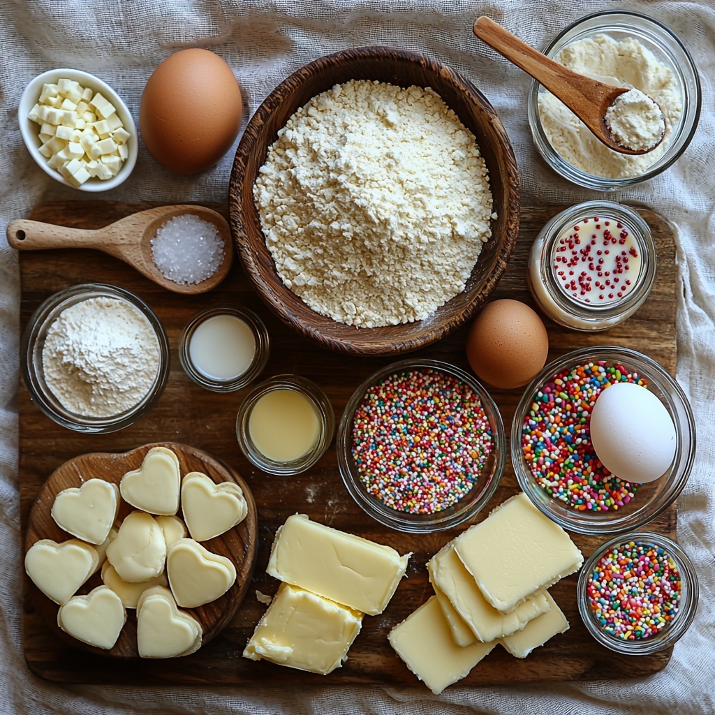 A clean, bright surface featuring all the main ingredients for heart-shaped sugar cookies arranged in an aesthetically pleasing flat lay: a rustic ceramic bowl filled with all-purpose flour dusted lightly around its edges, a small wooden spoon resting beside 1 teaspoon baking powder and ½ teaspoon salt neatly scooped on minimalist white dishes, a smooth slab of unsalted butter softened on a natural wood board, a clear glass bowl containing sparkling granulated sugar, a single large brown egg with a tiny cracked shell piece nearby, small glass jars holding vanilla and almond extracts with delicate labels, a small bowl of vibrant multicolored sprinkles and a piping bag filled with glossy white royal icing, soft natural lighting emphasizing the varied textures from powdery flour to creamy butter and sparkling sugar crystals, arranged with negative space and harmonious balance on a neutral linen cloth background, emphasizing subtle shadows and inviting warmth — overhead shot, top down view, flat lay photography, professional food styling --ar 1:1 --q 2 --s 750 --v 6.1