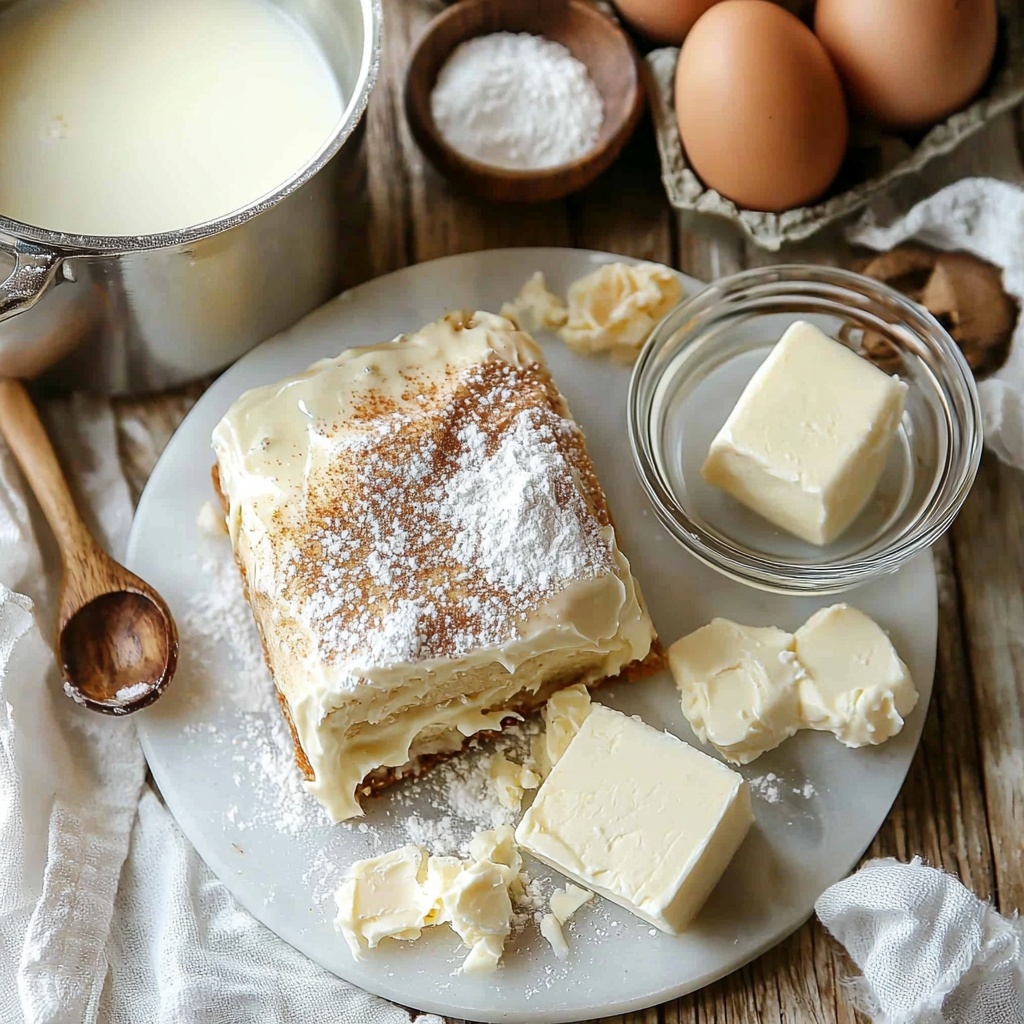 Warm water in a small glass bowl with visible bubbles, a packet of active dry yeast next to it; a small saucepan of whole milk gently steaming, a slab of unsalted butter partially melted on a white ceramic dish; a small bowl of granulated sugar sparkling under soft light alongside a teaspoon of sugar; a delicate pinch bowl with fine salt crystals; piles of all-purpose flour forming small dusted mounds with light powdery texture; two brown eggs with smooth shells resting side by side; softened unsalted butter in a glass ramekin with a creamy texture; a rustic bowl overflowing with packed brown sugar in deep caramel tones; a small dish of ground cinnamon rich warm brown powder; a bowl of powdered sugar dusted lightly on its rim, soft and snowy; cream cheese block with a slightly glossy surface on a white plate; a small wooden spoon with vanilla extract dark and glossy; an antique teaspoon with a pinch of fine salt; all ingredients thoughtfully arranged on a clean white marble surface with subtle veining, natural daylight casting soft shadows, delicate linen napkin partially visible, minimal and elegant styling emphasizing textures and warm natural tones, space around each ingredient for breathability, gentle focus on details, overhead shot, top down view, flat lay photography, professional food styling --ar 1:1 --q 2 --s 750 --v 6.1