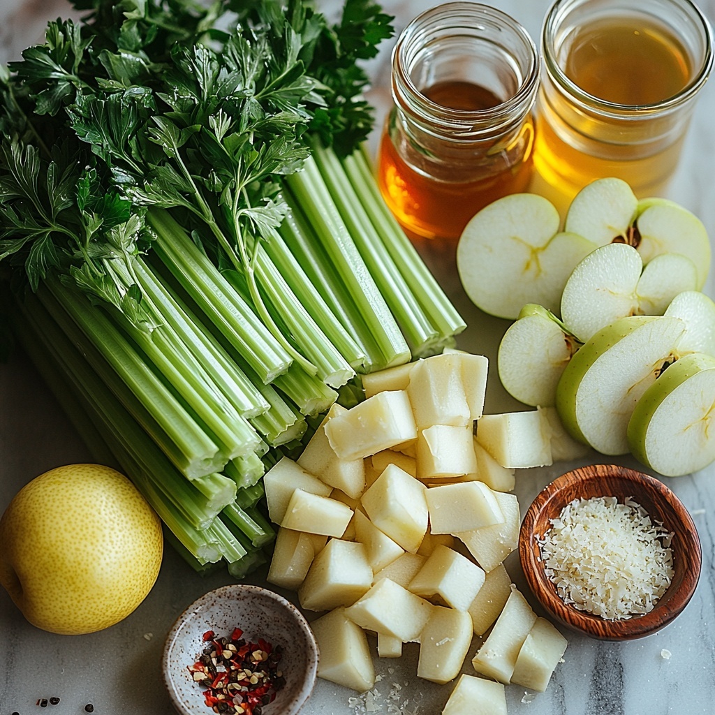 A clean, bright white surface with an artfully arranged flat lay of fresh ingredients for a celery apple salad: a large bunch of crisp celery stalks with some chopped celery pieces and green leaves scattered nearby, two medium honeycrisp apples—one whole, one sliced thinly—showing their vibrant red and yellow skin alongside juicy white flesh, a small pile of thinly shaved pale yellow gruyere cheese curls, a small glass jar containing golden olive oil paired with a halved bright yellow lemon, a white ceramic dish holding white wine vinegar, a small wooden bowl with amber maple syrup, a tiny ramekin of smooth Dijon mustard with a sprinkle of garlic powder beside it, and small salt and pepper grinders placed casually on the side. The textures contrast beautifully: crunchy celery ribs, crisp apple slices, creamy cheese shavings, and the smoothness of the dressings. Soft natural light casts gentle shadows, highlighting colors and freshness, with minimal rustic props like a linen napkin folded casually at the corner to add warmth and style without distraction. The scene exudes freshness, simplicity, and elegant rustic charm. Overhead shot, top down view, flat lay photography, professional food styling --ar 1:1 --q 2 --s 750 --v 6.1