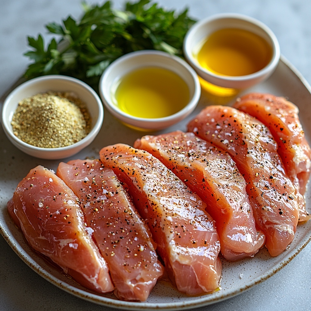 A clean, bright kitchen surface with all the main ingredients for baked honey mustard chicken arranged neatly in a visually balanced flat lay composition. Four plump, raw boneless skinless chicken breasts placed on a white ceramic plate, showcasing their pale pink texture. Small clear glass bowls containing golden amber honey, smooth creamy yellow Dijon mustard, glossy olive oil, and translucent pale apple cider vinegar. Scattered small white ceramic spoons holding pale beige garlic powder and onion powder. Tiny piles of coarse salt and freshly ground black pepper arranged artfully on the surface. A small bunch of vibrant green fresh parsley leaves adding a pop of color nearby. Soft natural lighting highlighting the varying textures—from the shiny wetness of liquids to the fine powdery spices. Minimalist styling with gentle shadows for depth, organized yet casual, crisp and inviting. Overhead shot, top down view, flat lay photography, professional food styling --ar 1:1 --q 2 --s 750 --v 6.1
