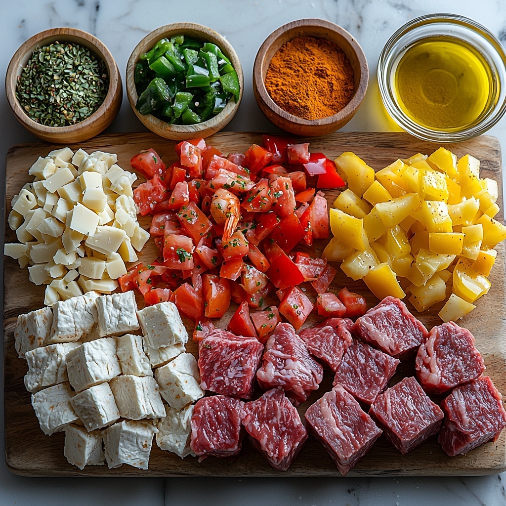 ribeye steak cubes rich red marbled with white fat, peeled and deveined shrimp pale pink and glossy, chopped poblano pepper deep green with a slight shine, diced red bell peppers vibrant ruby red, chopped yellow bell pepper bright sunny yellow, thinly sliced yellow onion translucent pale gold rings, small bowl of creamy white mayonnaise, small bowl with golden-brown Worcestershire sauce, pile of shredded Mexican cheese creamy white and pale yellow strands, 14-inch soft flour tortillas stacked neatly off-white with subtle texture, small piles of spices: reddish smoked paprika powder, light beige garlic powder, light tan onion powder, rustic brown Tony’s Creole Seasoning in wooden bowls, drizzle of golden avocado oil in a clear glass dish, half lemon bright yellow with visible juice droplets, all ingredients thoughtfully spaced and arranged on a clean white marble surface with natural soft daylight casting subtle shadows, minimal props to keep focus on vibrant colors and varied textures, overhead shot, top down view, flat lay photography, professional food styling --ar 1:1 --q 2 --s 750 --v 6.1