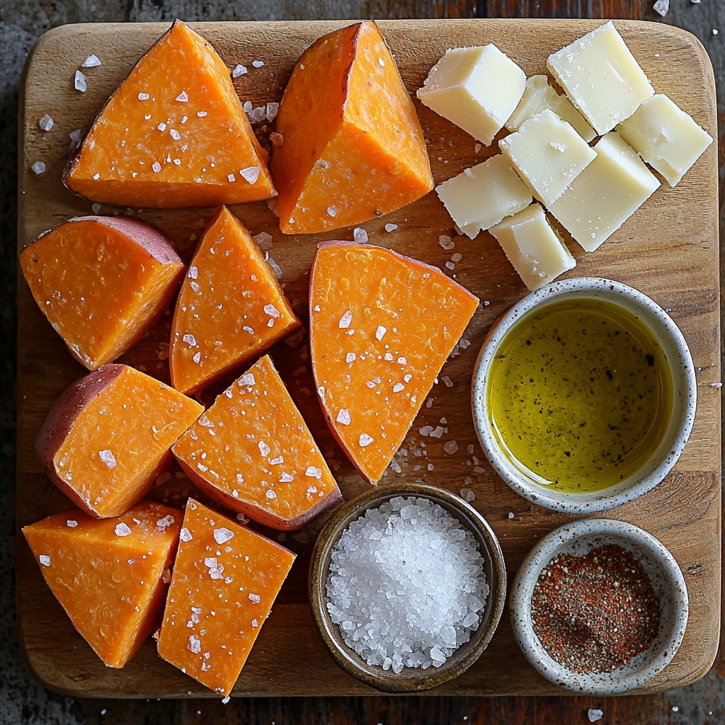 3 large sweet potatoes cut into thick wedges with vibrant orange flesh and rustic skin, a small bowl of golden olive oil with a smooth, glossy surface, three garlic cloves finely minced showing their papery texture, a small heap of grated Parmesan cheese with a snowy, crumbly texture, scattered sea salt crystals and cracked black peppercorns providing contrast on the clean surface, a small bowl of paprika or Italian seasoning with rich red and green specks optional; all ingredients arranged artfully on a clean, light-colored wooden board with subtle wood grain for warmth, natural soft daylight highlighting textures and colors, balanced composition with ingredients spaced evenly and some overlapping to create depth, slight shadows adding dimension, minimal props to keep focus on raw ingredients, overhead shot, top down view, flat lay photography, professional food styling --ar 1:1 --q 2 --s 750 --v 6.1