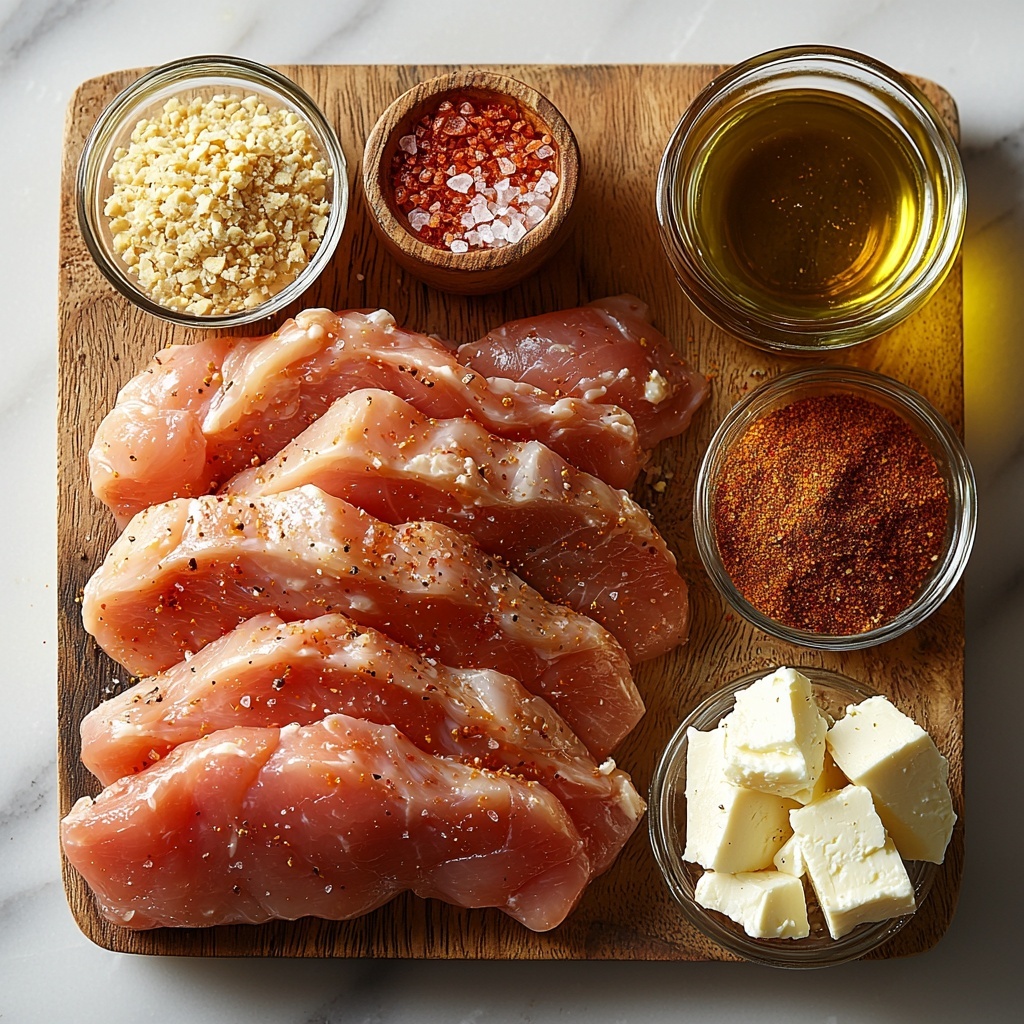 4 boneless, skinless chicken breasts, plump and raw with subtle pink hues, next to a small bowl of golden crushed cornflakes with a crunchy texture, a small dish of reddish smoked paprika powder contrasted with coarse sea salt and cracked black peppercorns scattered artfully, crumbled white feta cheese piled lightly on rustic wooden board, a small glass bowl filled with glossy golden honey catching light reflections, tiny bowl of vibrant red crushed pepper flakes, a small container of pale amber apple cider vinegar with a slight sheen, and a small jar of rich golden olive oil with smooth surface, all arranged neatly on a clean white marble surface with soft natural light creating gentle shadows and highlighting textures, minimalistic styling with subtle rustic elements, fresh and vibrant color palette, overhead shot, top down view, flat lay photography, professional food styling --ar 1:1 --q 2 --s 750 --v 6.1