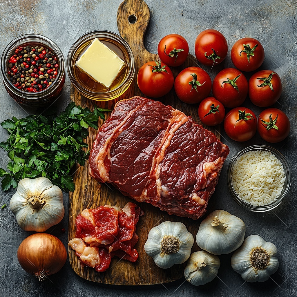 A vibrant flat lay of Italian pot roast ingredients arranged neatly on a clean white surface: a large raw beef chuck roast with rich marbling and deep red color, a small glass bowl of golden olive oil, a peeled and halved large onion showing its layers, three garlic cloves with papery skins slightly peeled, a rustic wooden spoon beside a cup of deep ruby red wine, a small bowl of bright diced tomatoes in rich juice, a glass jar of mixed Italian seasoning herbs with green and brown flecks, a small pile of coarse salt and freshly ground black pepper, a mound of pearly white Arborio rice with its round grains visible, small glass pitcher of warm golden chicken broth, a bowl of finely grated pale yellow Parmesan cheese, a pat of creamy butter on a wooden board, and a handful of vibrant green chopped fresh parsley scattered gently for contrast; textures vary from smooth and glossy (oil, wine) to coarse and grainy (rice, herbs), with natural rustic elements like a wooden background prop and soft natural lighting casting gentle shadows to enhance depth and richness – overhead shot, top down view, flat lay photography, professional food styling --ar 1:1 --q 2 --s 750 --v 6.1