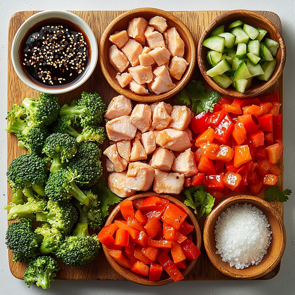 boneless skinless chicken breast thinly sliced raw, bright red and green bell pepper slices arranged in neat piles, fresh vibrant green broccoli florets clustered together, thinly sliced translucent white onion rings fanned out, peeled garlic cloves and minced garlic in a small white bowl, small heap of coarse black peppercorns next to ground black pepper powder, small ceramic dishes of dark soy sauce and glossy oyster sauce, a tablespoon of white cornstarch in a wooden spoon, a pinch of salt crystals scattered lightly, all ingredients artfully spaced on a clean crisp white background with soft natural light and subtle shadows to enhance texture and color contrast, minimalistic styling with scattered peppercorns and a sprig of fresh green herbs for freshness, overhead shot, top down view, flat lay photography, professional food styling --ar 1:1 --q 2 --s 750 --v 6.1