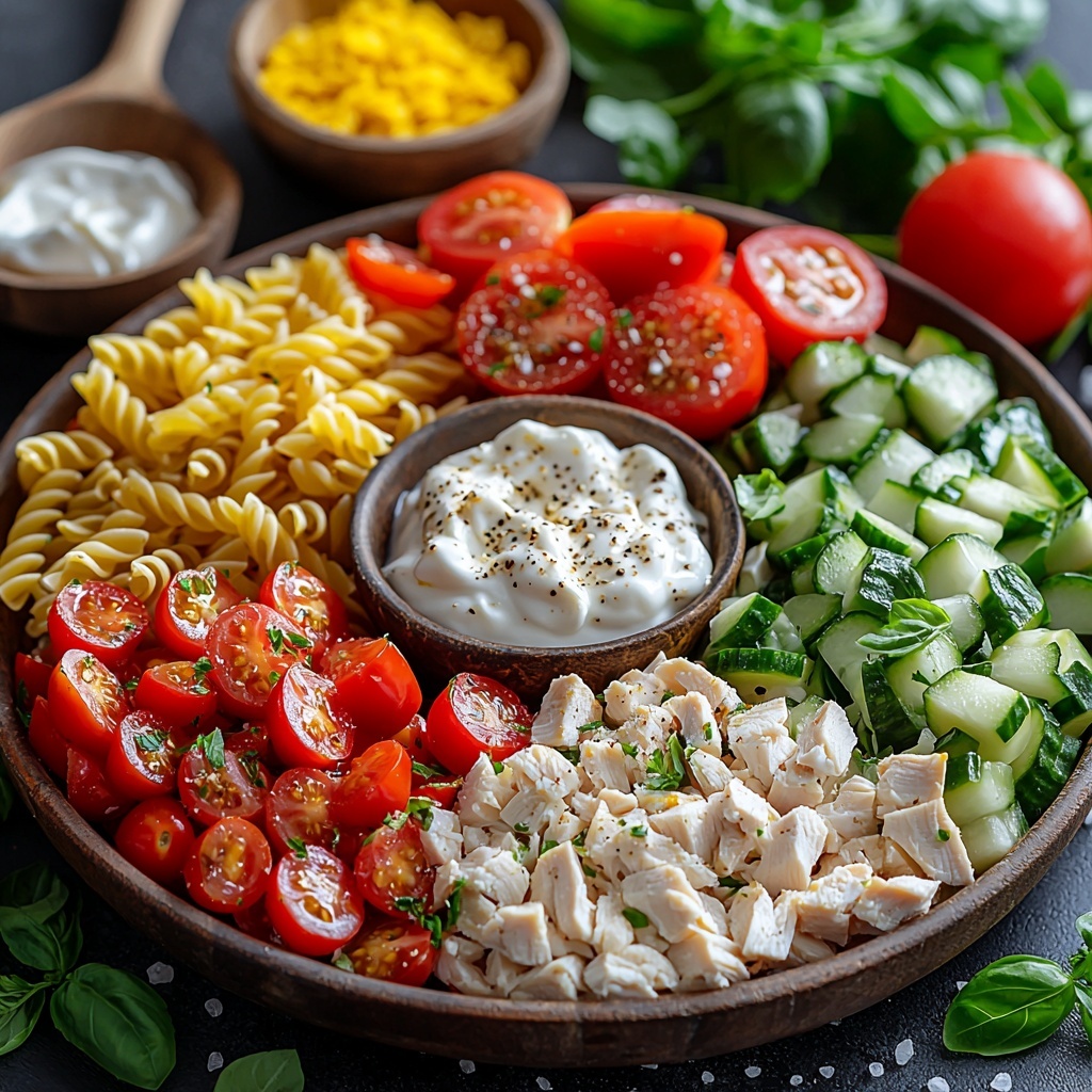 rotini or penne pasta uncooked, cooked diced chicken breast, halved cherry tomatoes, diced cucumber, diced red bell pepper, chopped green onions, creamy mayonnaise in a small bowl, plain Greek yogurt in a small bowl, Dijon mustard in a small spoon, fresh lemon wedge, scattered salt and pepper grains, fresh parsley sprigs, all ingredients neatly arranged on a bright clean white surface. Vibrant colors of red, green, and yellow contrasted against creamy white and pale tones. Textures ranging from smooth sauces to crisp vegetables and tender chicken. Natural soft lighting highlights freshness, with subtle shadows adding depth. Minimalist rustic props like a wooden spoon and small ceramic bowls add warmth. Overhead shot, top down view, flat lay photography, professional food styling --ar 1:1 --q 2 --s 750 --v 6.1