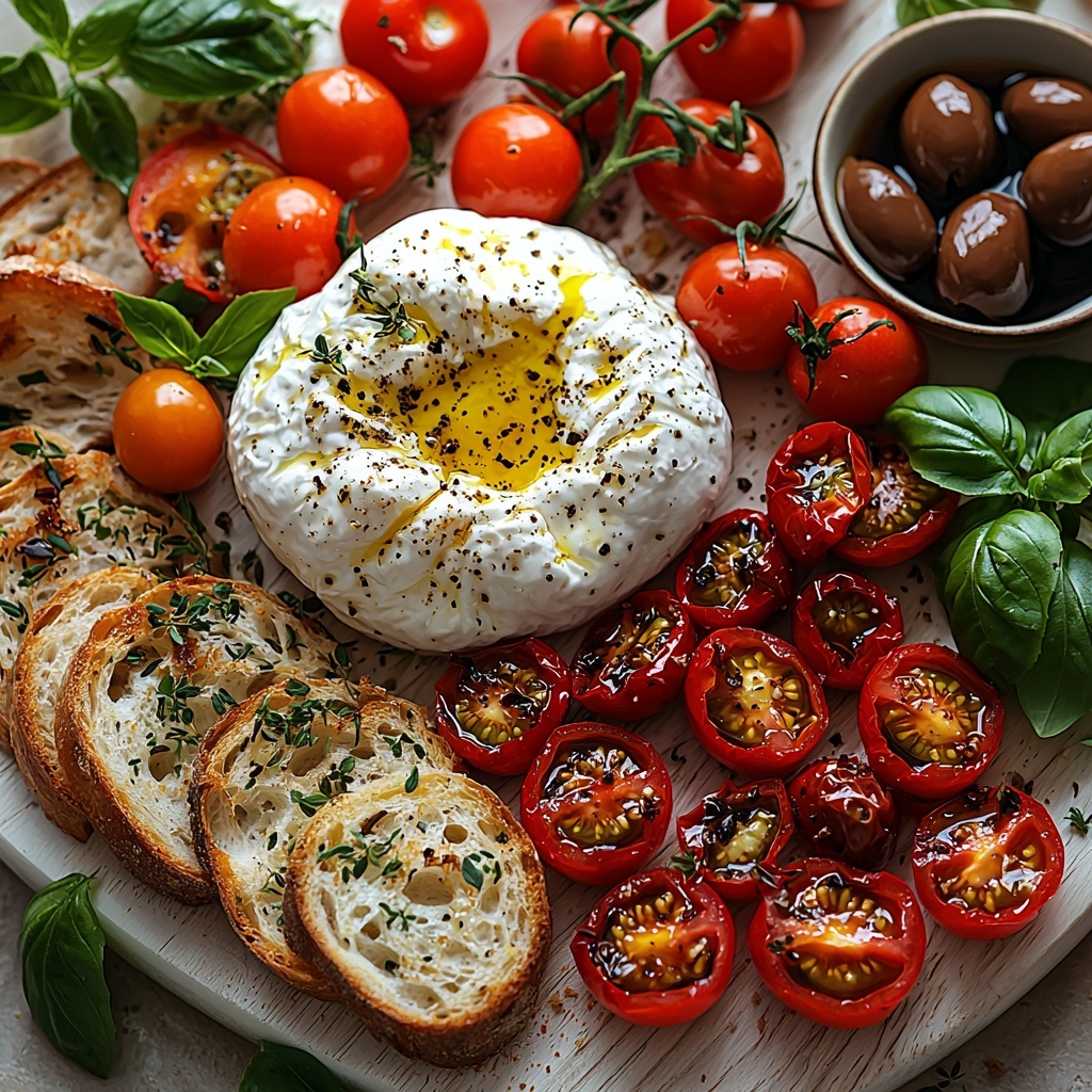 Rustic artisan bread slices arranged in a loose semi-circle on a clean white wooden surface, a large ball of creamy, glossy burrata cheese placed prominently in the center. Around the burrata, small bowls or clusters of vibrant halved cherry tomatoes tossed with olive oil, sprinkled with coarse salt, cracked black pepper, and dried oregano. Scattered pitted Kalamata olives with their deep purple-black sheen nestled beside bright, glossy roasted red pepper slices. Fresh green basil leaves artfully placed as garnish, adding pops of bright color and freshness. A small drizzle of golden honey or dark balsamic glaze glistening subtly over parts of the board. Warm tones from the rustic bread crust contrast beautifully with the rich reds, deep purples, creamy white cheese, and fresh greens, all arranged neatly but with a natural, inviting flow. Textures range from smooth creamy burrata, shiny olives and tomatoes, slightly wrinkled roasted peppers, to the crispy, rugged bread crust. The composition is balanced and airy, with slight shadows adding depth and dimension, styled for an elegant yet approachable Mediterranean vibe. Overhead shot, top down view, flat lay photography, professional food styling --ar 1:1 --q 2 --s 750 --v 6.1