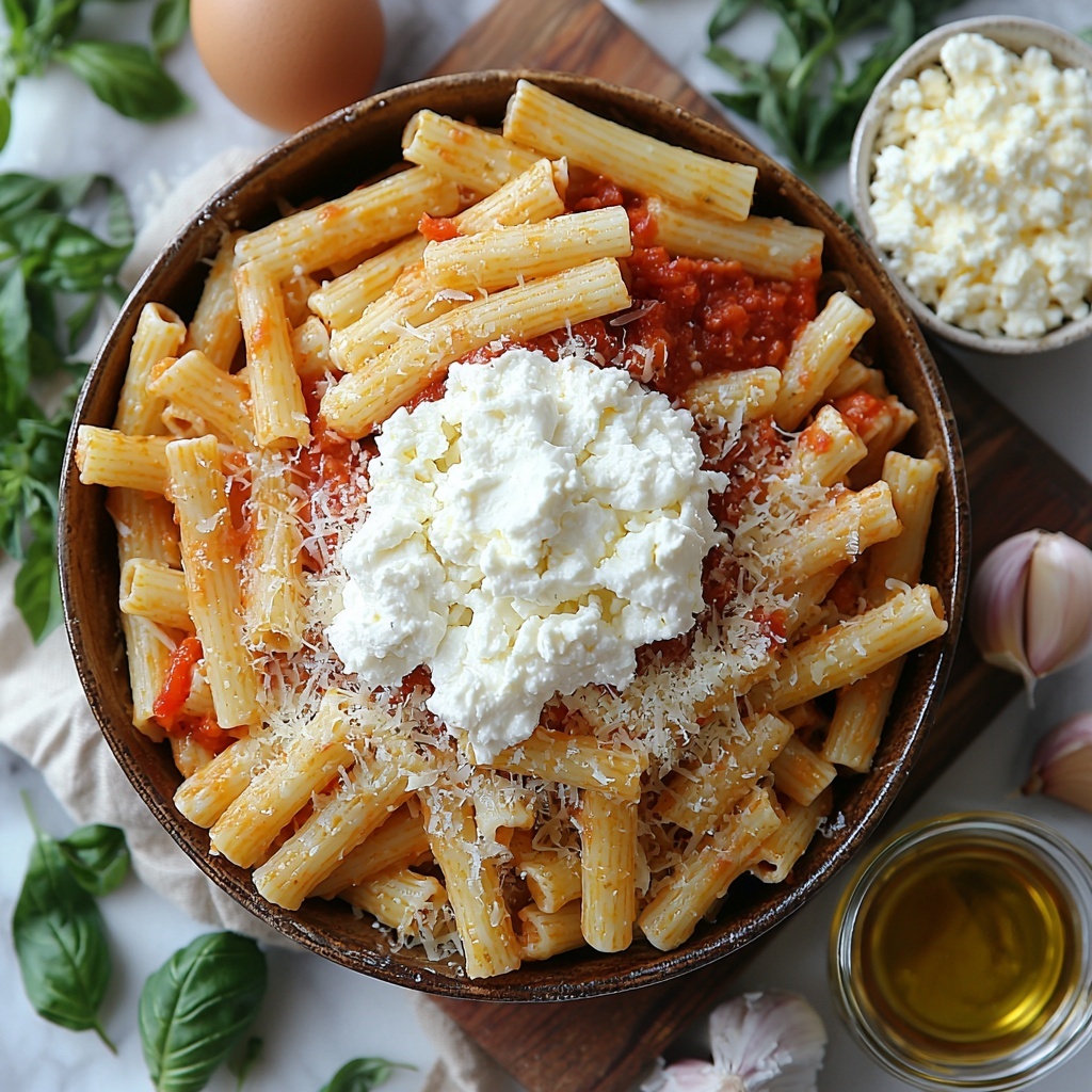 twelve ounces of uncooked ziti pasta in a rustic ceramic bowl, vibrant red marinara sauce in a small glass jar with a silver spoon, a generous dollop of creamy white ricotta cheese on a wooden board, one large brown egg cracked open with yolk visible beside it, shredded mozzarella cheese piled loosely on parchment paper showing fluffy texture, finely grated Parmesan cheese in a small white ramekin, fresh bright green chopped basil and parsley scattered delicately on a light linen cloth, a small glass dish of golden olive oil with light reflecting off its surface, two cloves of garlic, one whole and one minced on a wooden cutting board with garlic skin peels nearby — all ingredients meticulously arranged on a clean white marble surface with natural soft daylight casting gentle shadows, styled with minimalistic props for a fresh and inviting look, colors vivid and textures tactile, emphasizing the contrast between creamy, shredded, and fresh herbs overhead shot, top down view, flat lay photography, professional food styling --ar 1:1 --q 2 --s 750 --v 6.1