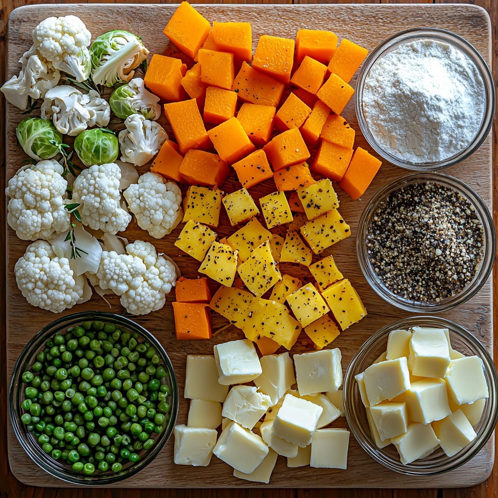 A clean, light-colored wooden surface with an artfully arranged flat lay of fresh, vibrant autumn vegetables and baking ingredients: diced bright orange butternut squash and pumpkin cubes, peeled and diced rich orange carrots, crisp green quartered Brussels sprouts, creamy white cauliflower florets; alongside a small mound of sliced earthy brown crimini mushrooms, a diced large white onion, and cloves of garlic finely minced. Nearby, small bowls hold golden olive oil, unsalted butter chunks, and frozen green peas thawed to a soft hue. Fresh herbs including chopped rosemary and thyme sprigs add bursts of deep green. Scattered around are rustic piles of all-purpose flour mixed with cracked black pepper, a small dish with salt and crushed red pepper flakes, two egg yolks in a tiny bowl, a splash of buttermilk in a glass container, and a lightly beaten egg wash ready for brushing. Two whole bay leaves rest delicately beside the herbs. The textures range from smooth and creamy yogurt in a white bowl to the flaky cold butter cubes on a wooden board. The warm color palette contrasts with the natural greens and whites, styled with minimal props to emphasize freshness and seasonal abundance. Overhead shot, top down view, flat lay photography, professional food styling --ar 1:1 --q 2 --s 750 --v 6.1