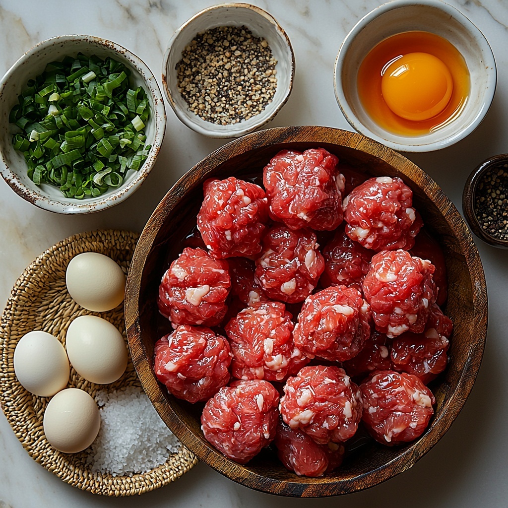 A clean white marble surface with all main ingredients for honey garlic meatballs arranged neatly in a balanced flat lay: a raw 1 lb portion of fresh ground beef in a small rustic wooden bowl showing its rich red color and marbled texture; a small clear glass bowl filled with golden honey glistening under soft light; a small ceramic bowl containing dark soy sauce with glossy sheen; a white ramekin holding finely chopped bright green onions; two garlic cloves peeled and minced, showing creamy white and slightly rough texture; a half cup of pale beige breadcrumbs in a small natural linen-lined basket; a single brown egg with smooth shell resting on a small woven straw coaster; a tiny white porcelain dish with coarse white salt crystals; another similar dish with freshly ground black pepper revealing dark speckles; soft natural light casting gentle shadows; subtle sprigs of fresh green onions loosely placed for color contrast; minimalistic styling with earthy tones, clean lines, and textured white linen napkin partially visible; overhead shot, top down view, flat lay photography, professional food styling --ar 1:1 --q 2 --s 750 --v 6.1