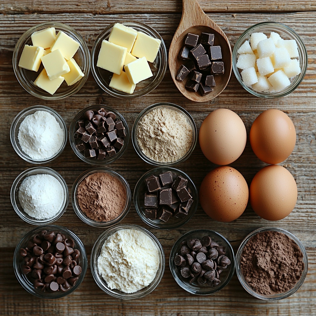 A beautifully arranged flat lay of all the ingredients for Snickerdoodle Brownies on a clean, light wood surface. Neatly placed small glass bowls hold white granulated sugar, golden softened butter, and rich semi-sweet chocolate chips with their glossy texture visible. Two large brown eggs rest gently on the surface, alongside rustic small dishes of warm brown ground cinnamon and a pinch of fine white salt. Measuring spoons containing vanilla extract glisten with a slight sheen. An elegant pile of pale off-white all-purpose flour contrasts softly against the smooth butter and deep chocolate chips. The baking powder is shown in a tiny, clear dish emphasizing its powdery texture. The composition features warm natural lighting that highlights the varied textures—the soft butter, fine powders, smooth eggshells, and chunky chocolate chips—creating a cozy and inviting palette of warm beiges, browns, and creams. Minimal linen napkin and a wooden spoon add subtle rustic styling elements. overhead shot, top down view, flat lay photography, professional food styling --ar 1:1 --q 2 --s 750 --v 6.1