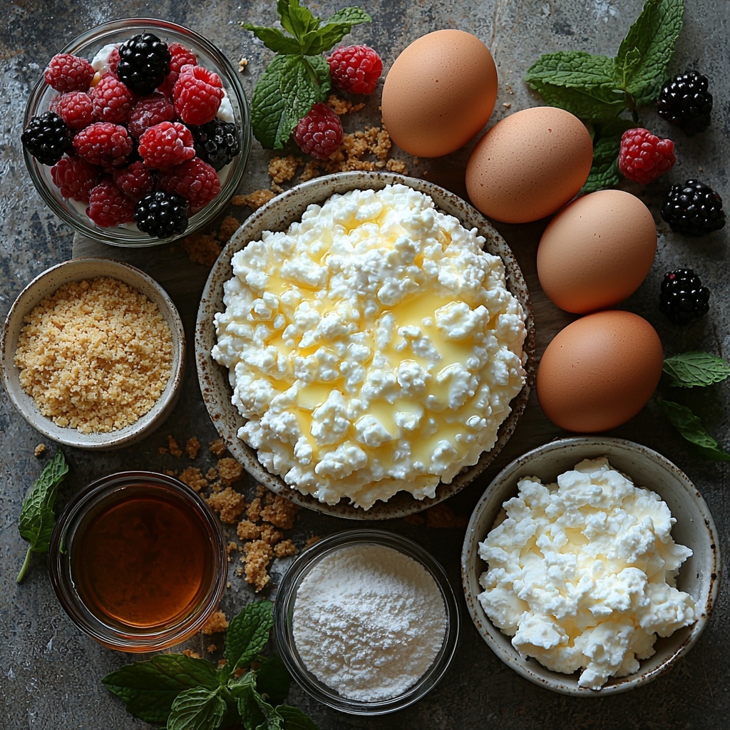 A clean, bright surface featuring an artful flat lay arrangement of all main ingredients for a Cottage Cheese & Yogurt Egg Cheesecake. Include a small bowl of golden graham cracker crumbs next to a pool of melted butter in a glass measuring cup, a small dish with fine white and granulated sugar crystals, and a tiny pinch bowl with salt. Place a generous mound of creamy, slightly textured full-fat cottage cheese alongside a smooth, thick swirl of white plain Greek yogurt in a small ceramic bowl. Add three large brown eggs with a warm hue arranged neatly, a small heap of fine cornstarch powder, and a glass vial of clear vanilla extract. Include a vivid yellow lemon zest spiral nearby for a pop of color, and a small bowl filled with glistening mixed fresh berries—reds, blues, and purples—scattered slightly for natural effect. Drizzle of deep amber maple syrup or golden honey in a tiny dish beside four to six bright green fresh mint leaves with visible veins. The composition styled with natural light from one side to highlight textures—the coarse crumbs, silky dairy, smooth eggs, and fresh, juicy berries—cast soft shadows, minimal props, neutral background, and subtle rustic wooden board edges for warmth. Overhead shot, top down view, flat lay photography, professional food styling --ar 1:1 --q 2 --s 750 --v 6.1