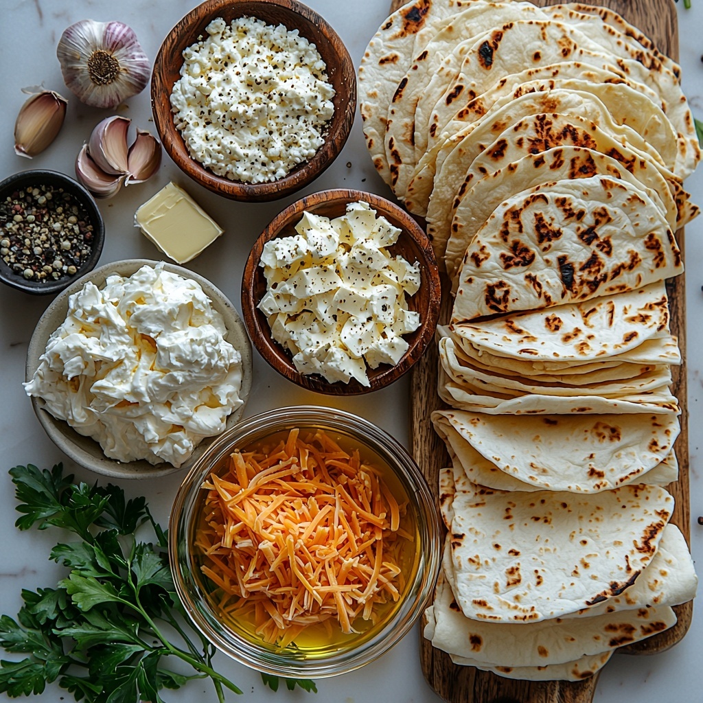 2 cups cooked shredded chicken, golden and tender, scattered lightly on one side; small glass bowl of olive oil with a rich golden hue; two cloves garlic, whole and minced, displayed next to a small heap of garlic powder; rustic salt crystals and cracked black peppercorns in tiny white ceramic spoons; half cup creamy softened cream cheese, smooth and white, alongside a quarter cup sour cream in a clear small bowl; generous piles of shredded mozzarella and shredded cheddar cheese, soft textures with white and orange hues, arranged in gentle mounds; fresh bright green chopped parsley sprinkled delicately on a wooden spoon; four large, soft flour tortillas stacked neatly with visible soft folds and light flour dusting; small pat of butter with warm yellow color on a white dish; all ingredients arranged artfully on a clean white marble surface, balanced spacing, natural daylight casting soft shadows, emphasizing textures and natural colors, minimalistic and inviting styling, slight rustic touch with wooden utensils and neutral linen napkin nearby, overhead shot, top down view, flat lay photography, professional food styling --ar 1:1 --q 2 --s 750 --v 6.1