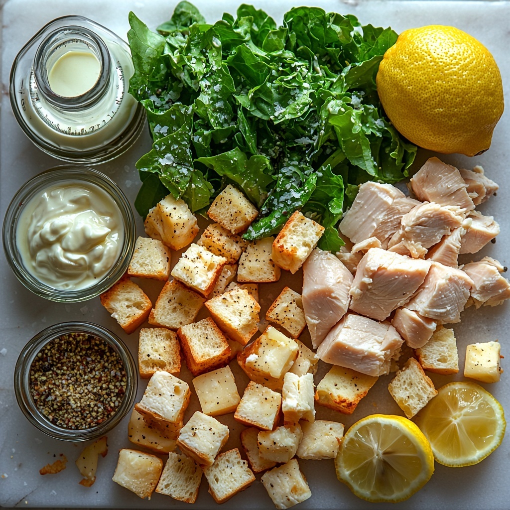 A clean white marble surface with an artful flat lay arrangement of the main ingredients for a Chicken Caesar Salad: small piles of golden ciabatta bread cubes showing a crispy texture, fresh bright green chopped romaine lettuce leaves with visible veins and freshness, a few boneless skinless chicken breasts raw and plump, a small bowl of creamy off-white mayonnaise next to a glass measuring spoon with buttermilk, a wedge of Parmesan cheese with some freshly grated Parmesan scattered nearby, a halved lemon showing juicy pulp along with lemon zest sprinkled elegantly, a small pile of chopped fresh parsley leaves with vibrant deep green color, whole garlic cloves alongside a small bowl or spoon with grated garlic, a small glass bottle of extra-virgin olive oil catching light with golden reflections, a spoonful of Dijon mustard with rich yellow tones, a small dish of Worcestershire sauce with dark glossy texture, and coarse kosher salt and black peppercorns sprinkled artistically around. The ingredients are spaced evenly but connected with subtle curves of lemon zest and parsley, showcasing natural textures and freshness. Soft natural lighting from the side emphasizes the colors and contrasts with gentle shadows for depth. Overhead shot, top down view, flat lay photography, professional food styling --ar 1:1 --q 2 --s 750 --v 6.1