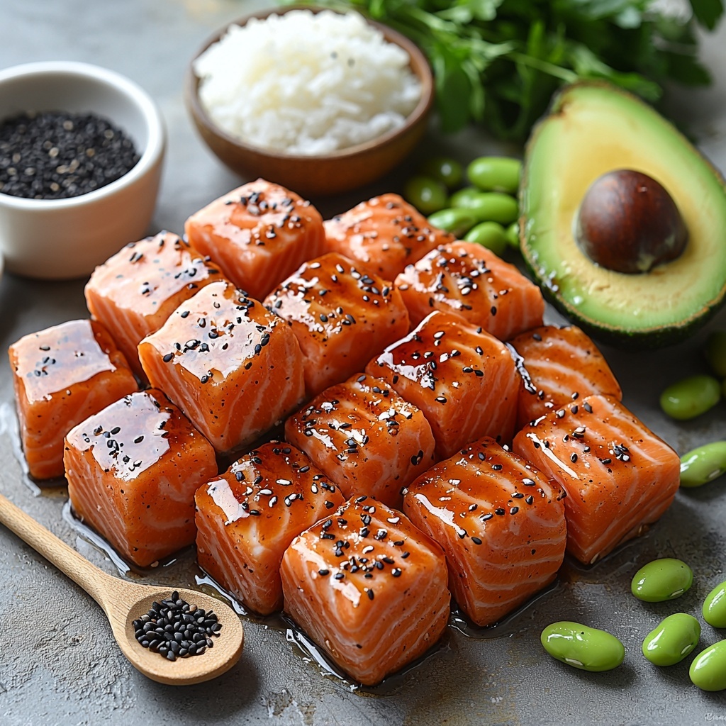 A clean, bright surface showcasing a flat lay arrangement of high-protein teriyaki salmon bites ingredients: bite-sized cubes of fresh salmon filet with skin-on, glossy and pink, a small bowl of dark, shiny teriyaki sauce (Kikkoman), a light mist of avocado oil spray bottle, coarse sea salt crystals scattered sparingly, freshly ground black pepper in a small wooden dish, a handful of toasted black sesame seeds sprinkled neatly on a white ceramic spoon, a ripe large avocado sliced revealing creamy green flesh with smooth texture, a small bowl of vibrant green shelled edamame, and a mound of steamed white rice with delicate fluffy grains. Natural light with soft shadows highlights the vibrant colors and varied textures. Minimalist white bowls and natural wooden utensils accentuate the fresh, wholesome ingredients. The composition is balanced and inviting, styled for a clean, modern aesthetic. overhead shot, top down view, flat lay photography, professional food styling --ar 1:1 --q 2 --s 750 --v 6.1