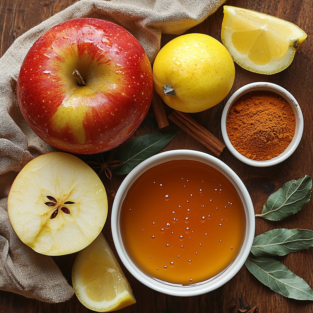 A clean, light wooden surface with bright, fresh ingredients arranged neatly for an overhead flat lay shot: two large apples (Honeycrisp and Fuji) whole and partially sliced to reveal crisp, juicy flesh and glossy red, yellow, and green skin textures; a small white ceramic bowl with golden amber maple syrup glistening; a tiny white dish holding warm brown ground cinnamon sprinkled lightly nearby; another small bowl with a pinch of finely ground nutmeg and cloves, showcasing soft, powdery textures; a clear glass bowl filled with water and a few lemon wedges to hint at freshness and to prevent browning; a folded beige linen napkin to add subtle warmth and softness at the corner. The composition is spacious and balanced, emphasizing natural colors and rustic yet elegant food styling, bright natural lighting enhances the colors and textures with gentle shadows. Overhead shot, top down view, flat lay photography, professional food styling --ar 1:1 --q 2 --s 750 --v 6.1