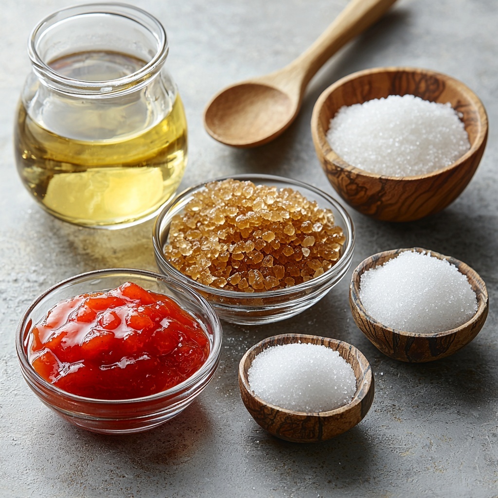 A clean white surface neatly arranged with small glass bowls containing vibrant red ketchup, clear white vinegar, dark golden packed brown sugar with a slightly grainy texture, a small bowl of clear water, and a small dish with fine white cornstarch powder alongside a tiny bowl of coarse white salt. Each ingredient is spaced evenly in a balanced circular layout, with natural soft light casting gentle shadows to emphasize textures and colors. Minimal rustic props such as a wooden spoon and a small metal whisk are placed thoughtfully to add interest without clutter. The scene is bright and airy, showcasing the contrast between the rich brown sugar and the crisp white powders, capturing the essence of fresh ingredient preparation. overhead shot, top down view, flat lay photography, professional food styling --ar 1:1 --q 2 --s 750 --v 6.1