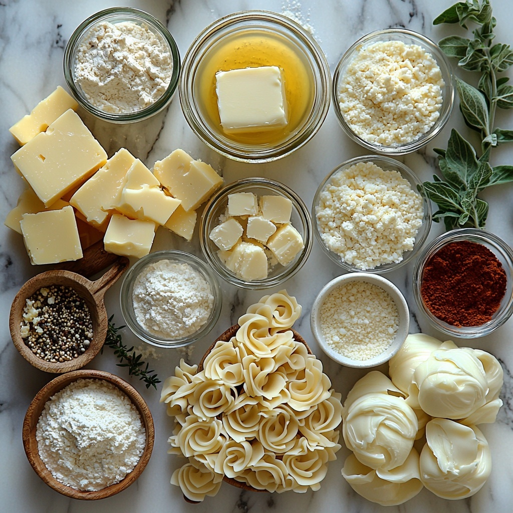 butter in a small glass bowl, creamy yellow and smooth; all-purpose flour in a rustic white ceramic bowl, fine and powdery with soft shadows; clear glass measuring cup filled with water, translucent and sparkling; a large clear pitcher of cold white milk, smooth surface reflecting light; uncooked elbow pasta, golden yellow, curved and scattered in a small wooden scoop and spread loosely around; small white bowls with pale beige garlic powder, bright yellow ground mustard powder, and fine salt crystals; a dark wooden spoon heaped with ground black pepper, coarse texture; sharp white cheddar cheese block, firm with slightly crumbly edges, rich ivory color; wedge of pale yellow Parmesan cheese with crumbly texture; small bowl of white mozzarella cheese shreds, soft and fluffy; golden brown panko breadcrumbs in a shallow bowl with rough texture; tiny bowl with reddish paprika powder; small glass bowl with glossy amber olive oil; all ingredients neatly spaced and artfully scattered on a clean white marble surface, natural soft daylight from side casting gentle shadows, minimalistic styling with a few herbs subtly placed nearby for freshness, overhead shot, top down view, flat lay photography, professional food styling --ar 1:1 --q 2 --s 750 --v 6.1