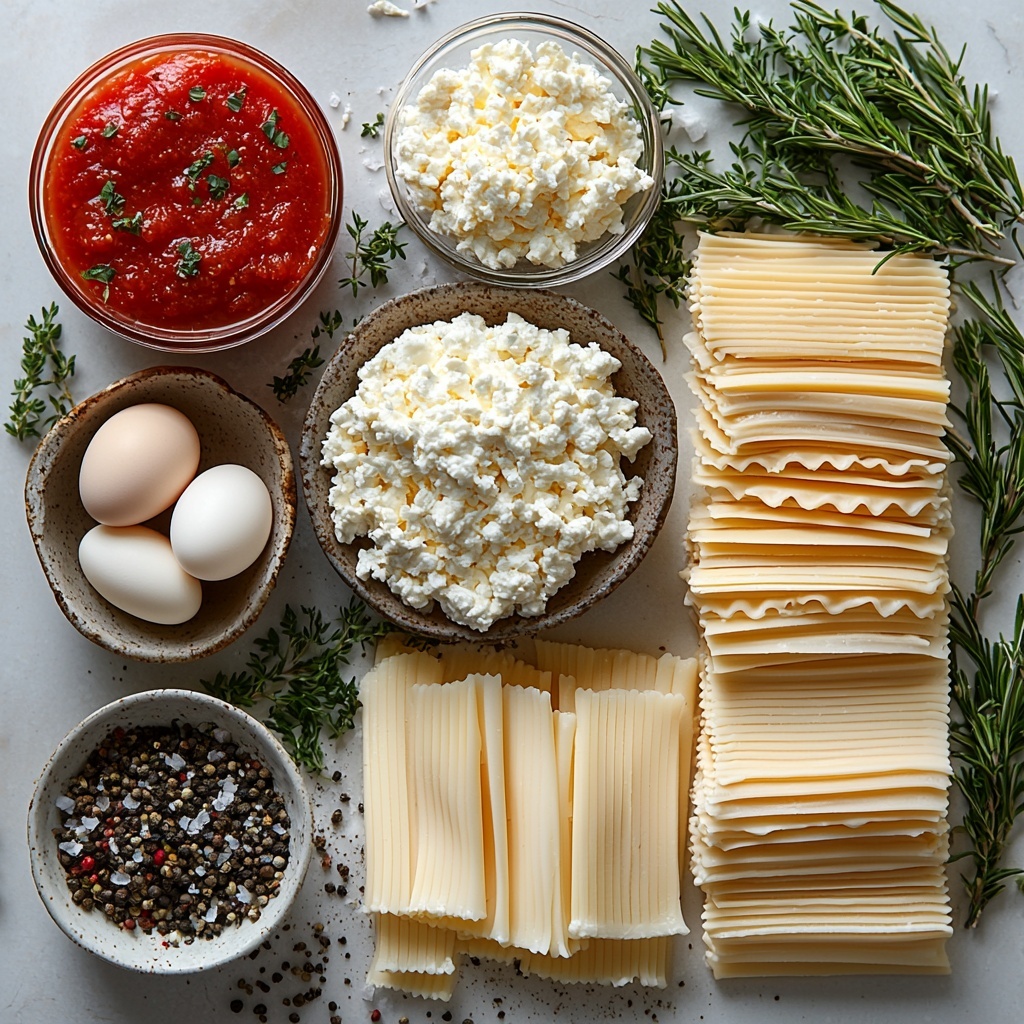 A clean white surface with all main ingredients for rosemary chicken lasagna beautifully arranged for overhead flat lay photography: small piles of shredded cooked chicken with tender texture, neatly stacked dry lasagna noodles in a fan shape showing their pale golden color and ridged edges, a rustic bowl filled with creamy ricotta cheese, a small heap of shredded mozzarella cheese with soft, fluffy strands, a delicate mound of finely grated Parmesan cheese, a small clear glass bowl of vibrant red marinara sauce with visible tomato texture, a small white bowl holding a single raw egg, a bunch of fresh bright green chopped rosemary sprigs scattered artfully, and small piles of coarse salt and freshly ground black pepper. Soft natural light enhances the varied textures and fresh colors, minimal props, clean and modern styling with subtle shadows to emphasize depth and freshness. overhead shot, top down view, flat lay photography, professional food styling --ar 1:1 --q 2 --s 750 --v 6.1