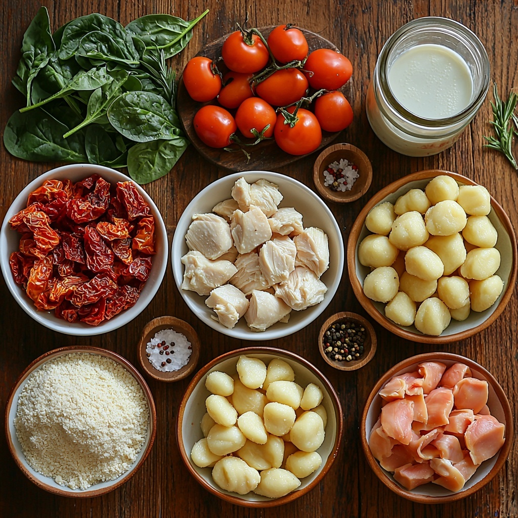 Italian Chicken Gnocchi Soup ingredients arranged on a clean, rustic wooden surface: thick-cut chopped bacon in a small white ceramic bowl, a whole yellow onion roughly chopped with some onion halves nearby, two vibrant red bell peppers chopped into chunks, a small wooden spoon filled with aromatic Italian seasoning, scattered chili flakes and coarse sea salt and black peppercorns in tiny white dishes; a large open can of rich crushed tomatoes showing bright red pulp, a clear glass measuring cup filled with golden broth, raw skinless chicken breasts resting on parchment paper, a pile of fresh baby spinach leaves vivid green and fresh, a small jar of deep red oil-packed sun-dried tomatoes with some spilling out, soft fresh potato gnocchi lightly dusted with flour on a linen cloth, a small jug of creamy whole milk, two small bowls with finely grated mozzarella/provolone and grated parmesan cheeses, fresh rosemary sprigs scattered artfully around. Natural soft light highlights varied textures: glossy tomatoes, tender gnocchi, leafy spinach, and rough chicken skin, colors vibrant and contrasting. Minimal shadows, cozy and inviting ambiance, arranged with balance and negative space for elegance and clarity — overhead shot, top down view, flat lay photography, professional food styling --ar 1:1 --q 2 --s 750 --v 6.1