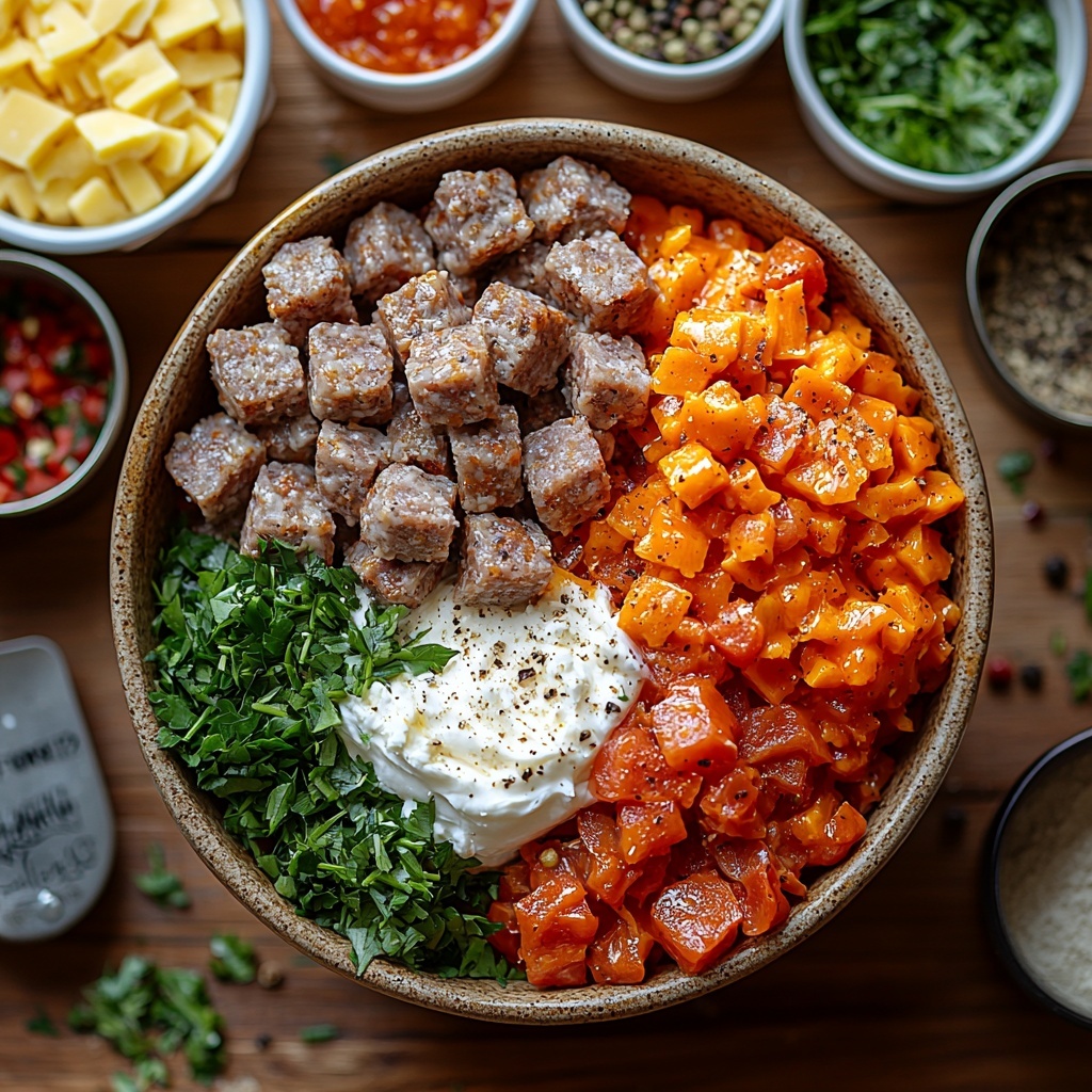 breakfast sausage links and loose crumbles in a small rustic bowl, softened cream cheese in a white ceramic ramekin with a smooth texture, a drained can of bright red diced Rotel tomatoes with green chilies spilling slightly onto the surface, a small heap of vibrant shredded sharp cheddar cheese with a rich orange color, a neat pile of all-purpose flour dusted lightly on the surface showing fine white powder texture, measuring spoons with baking powder, garlic powder, onion powder, and black pepper arranged in small vintage white bowls, fresh chopped parsley scattered gently for color contrast, all ingredients artfully spaced and organized on a clean, light wooden surface with natural light casting soft shadows, warm and inviting tones, subtle use of rustic textures to enhance the homestyle feel, overhead shot, top down view, flat lay photography, professional food styling --ar 1:1 --q 2 --s 750 --v 6.1
