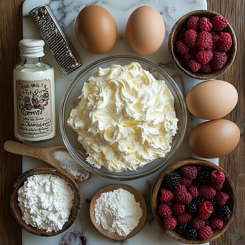 16 ounces of softened cream cheese in a smooth, slightly glossy block, a small glass bowl of granulated white sugar sparkling under soft light, a delicate glass bottle of vanilla extract with a wooden cork, a small pinch of coarse salt crystals scattered lightly on a vintage white ceramic spoon; three large eggs with smooth brown shells arranged neatly in a cluster, a small zesting grater beside thin strips of bright yellow lemon or orange zest with vibrant citrus texture; a tall clear glass measuring cup filled with thick, rich heavy cream showcasing creamy swirls, a small heap of fine all-purpose flour dusted lightly on a matte parchment paper; a wooden bowl overflowing with fresh, plump raspberries or blackberries in deep reds and purples with natural dew drops, all ingredients laid out on a pristine white marble surface with subtle veining for contrast, natural daylight casting soft shadows creating a fresh, inviting mood, subtle props include a linen napkin in soft neutral tones and a rustic wooden spoon placed artfully to balance the frame. overhead shot, top down view, flat lay photography, professional food styling --ar 1:1 --q 2 --s 750 --v 6.1