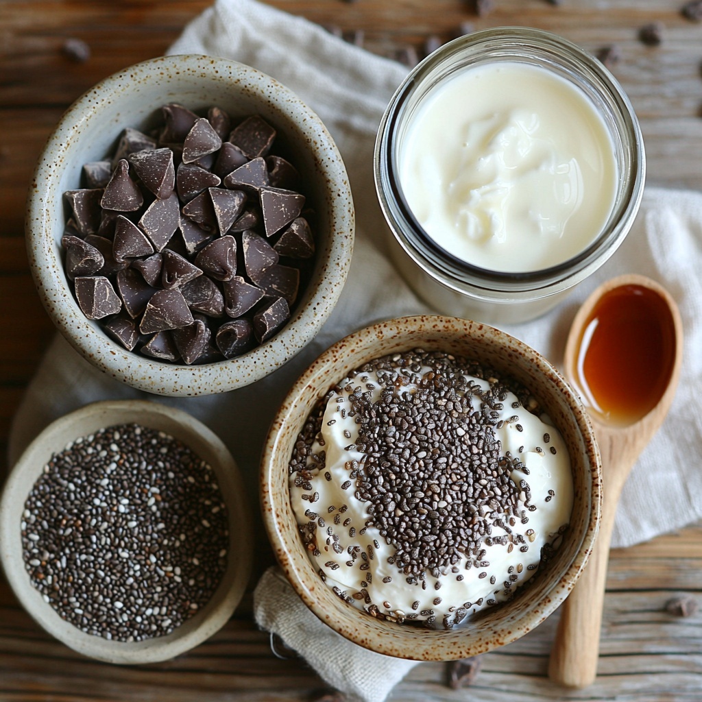 dark chocolate chips (70% cacao) scattered in a small white ceramic bowl, creamy non-dairy almond milk in a clear glass jug, smooth room-temperature yogurt in a rustic stoneware bowl, shiny amber maple syrup in a small glass jar, rich raw cacao powder dusted lightly in a small bowl with a wooden spoon resting inside, tiny chia seeds sprinkled artfully on the surface beside a small ceramic dish, plump rolled oats forming a neat pile on a natural linen cloth, all ingredients arranged with deliberate spacing on a clean light wooden surface with soft natural lighting creating gentle shadows, warm earthy tones complemented by the deep browns and creamy whites, subtle texture contrasts enhanced by rustic bowls and glass containers, minimalistic yet inviting setup emphasizing the wholesome natural ingredients, overhead shot, top down view, flat lay photography, professional food styling --ar 1:1 --q 2 --s 750 --v 6.1