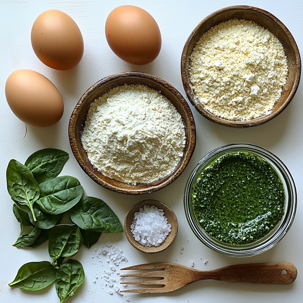 A clean, bright surface styled with the main ingredients for spinach pasta dough arranged neatly: a small pile of fresh baby spinach leaves with vibrant deep green color and delicate veined texture; two large brown eggs with smooth shells; a mound of fine Italian 00 flour, pure white and powdery, dusted lightly around its edges; a smaller pile of golden-yellow semolina flour with a slightly grainy texture beside the 00 flour; a small heap of fine sea salt crystals sparkling subtly; a glass bowl containing vibrant green smooth spinach puree with a glossy finish; a wooden fork resting casually next to the flour mound; soft natural lighting highlighting the contrast of colors and textures, minimal shadows, balanced composition with clear space to emphasize each element’s freshness and quality. overhead shot, top down view, flat lay photography, professional food styling --ar 1:1 --q 2 --s 750 --v 6.1