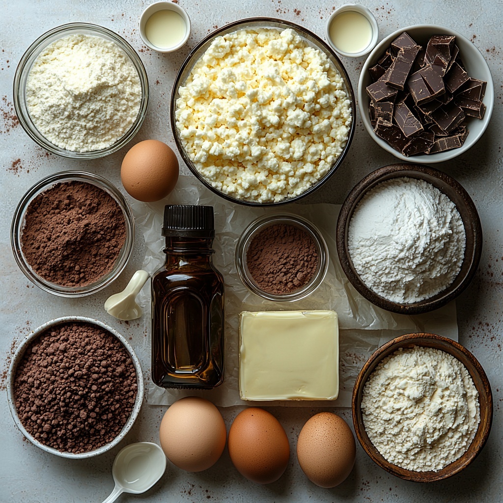 A clean, bright surface featuring all main ingredients for Baileys Irish Cream Chocolate Cake with Baileys Buttercream Frosting arranged neatly in a balanced flat lay composition. Include a bowl of smooth all-purpose flour in soft white tones; a small glass bowl of fine granulated sugar sparkling under natural light; a shallow dish with rich, dark brown unsweetened cocoa powder creating deep contrast; tiny white ceramic spoons with light beige baking powder and baking soda powders; a small pinch bowl of fine white salt crystals; two large brown eggs with smooth shells placed side by side; a clear glass of whole milk showing creamy white liquid; a small cup of light golden vegetable oil with a glossy surface; a glass bottle or jar with amber Baileys Irish Cream visible; a bowl of powdered sugar with a soft snowy texture; a neat dollop of pale yellow softened unsalted butter on parchment; a measuring spoon of vanilla extract dark amber in color; a small bowl with heavy cream, silky and white; and a cup of steaming boiling water creating subtle steam wisps above. Textures range from powdery and granular to smooth and glossy, colors from deep chocolate browns to creamy whites and golden amber highlights. Soft natural lighting enhances the freshness and richness of ingredients, with minimal shadows and a neutral background to keep focus on the ingredients. Overhead shot, top down view, flat lay photography, professional food styling --ar 1:1 --q 2 --s 750 --v 6.1