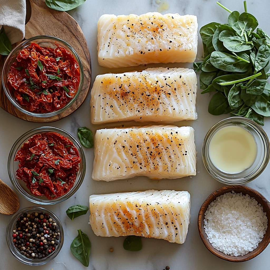 4 fresh cod fillets with smooth, pale white flesh arranged neatly on a clean white marble surface; small glass bowls containing golden olive oil, finely minced garlic, and bright red chopped sun-dried tomatoes; a rustic wooden bowl filled with vibrant green baby spinach leaves showing their natural veins and texture; a fine mesh sieve dusting freshly grated Parmesan cheese creating soft white piles next to a small heap of coarse black pepper and fine sea salt crystals; a clear glass measuring cup with creamy, thick heavy cream beside a smaller glass container holding light golden chicken broth; a small ceramic dish with mixed Italian seasoning herbs in earthy green and brown tones; soft natural lighting highlighting the freshness and vibrant colors of each ingredient; shadows are soft and minimal, enhancing textures such as the flaky cod, glossy oil, and delicate spinach leaves; slight rustic props like a wooden spoon and linen napkin placed casually to add warmth and context; overhead shot, top down view, flat lay photography, professional food styling --ar 1:1 --q 2 --s 750 --v 6.1