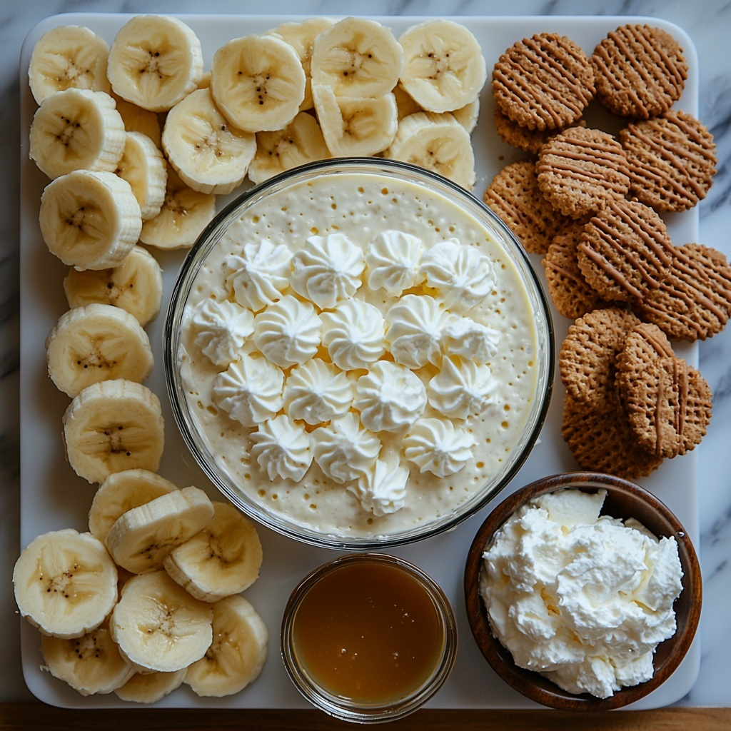 vanilla pudding mix box, cold whole milk in a clear glass measuring cup, small glass bowl of pure vanilla extract, softened cream cheese on a white ceramic plate with a butter knife, can of sweetened condensed milk opened with visible creamy texture, container of thawed whipped topping with fluffy texture, peeled ripe bananas sliced into rounds arranged neatly on a white plate, whole vanilla wafers scattered and stacked in small piles, extra whipped cream dollops on a small white ramekin, crushed vanilla wafers in a small wooden bowl, caramel sauce in a small glass jar with a drizzle spoon, all ingredients arranged neatly on a clean white marble surface, natural soft lighting highlighting the creamy textures and rustic elements, subtle shadows for depth, pops of yellow from bananas and golden hues from wafers, minimalistic style with fresh and inviting look, overhead shot, top down view, flat lay photography, professional food styling --ar 1:1 --q 2 --s 750 --v 6.1