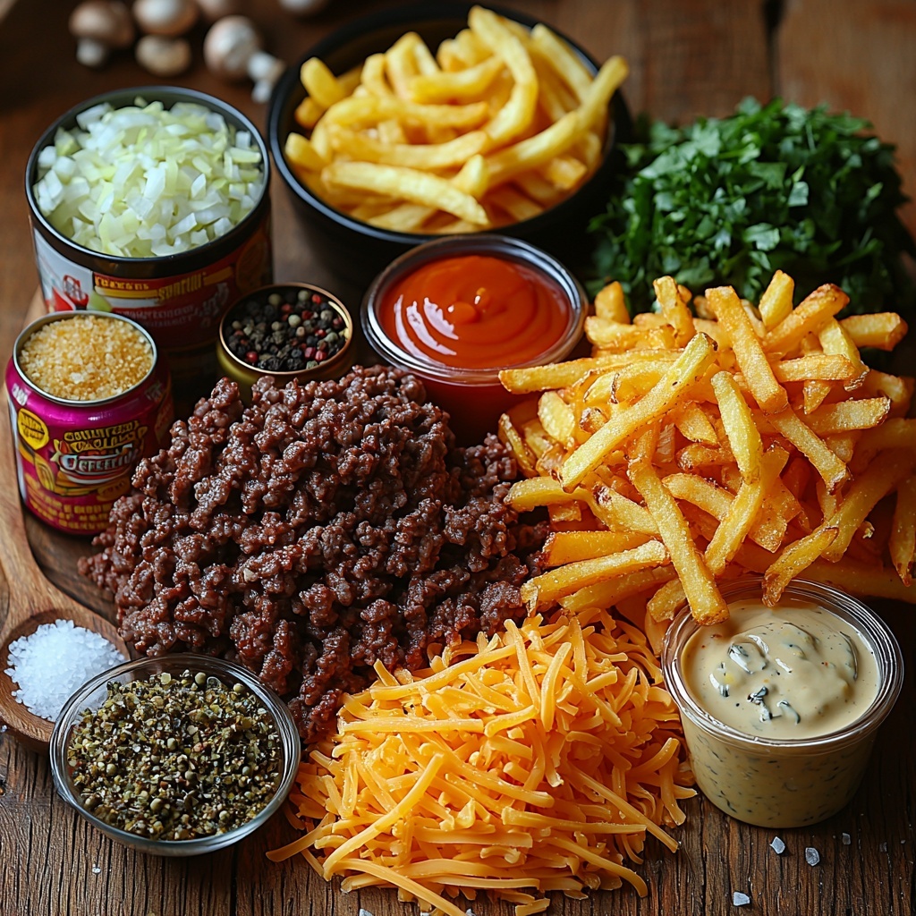 28 ounces bag of crispy golden shoestring French fries spilling slightly, 2 pounds of raw ground beef richly red with marbling, 1/2 cup shredded sharp cheddar cheese bright orange-yellow, 1/2 yellow onion diced into small translucent cubes, 1 tablespoon minced fresh garlic white and finely chopped, two cans of creamy soup – one smooth light orange cheddar cheese soup in an open can, one creamy beige mushroom soup with visible mushroom bits, small piles of golden onion powder and white garlic powder beside each other, black peppercorns scattered artistically, coarse sea salt crystals shimmering, a small rustic bowl with vibrant burger sauce showing creamy pale yellow mayonnaise, reddish ketchup, and mustard swirls, a tiny dish of clear yellow pickle juice, and a few dehydrated onion flakes sprinkled nearby; all ingredients laid out neatly on a clean white wooden surface with soft natural light from the side, casting gentle shadows to enhance textures – fries crispy and delicate, cheese fluffy and shredded, beef robust and fresh, soups smooth and inviting; minimal rustic props like a wooden spoon and a small glass bowl included to add warmth and depth, color contrast vivid and balanced for appetizing effect, overhead shot, top down view, flat lay photography, professional food styling --ar 1:1 --q 2 --s 750 --v 6.1