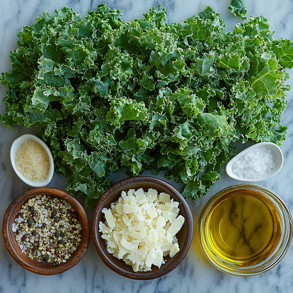 a flat lay of fresh curly kale leaves, bright deep green and ruffled texture, chopped and carefully arranged in a loose pile; small glass bowl of golden extra virgin olive oil with light reflections; tiny white ceramic spoons filled with coarse salt, cracked black pepper, and fine garlic powder, each with distinct granular textures; a small rustic bowl of finely grated parmesan cheese, creamy off-white with delicate flakes; all ingredients spread neatly on a clean white marble surface with subtle natural light casting soft shadows; minimal props, natural linen napkin folded gently to one side, emphasizing freshness and simplicity; colors vibrant and textures clearly defined to highlight each ingredient’s unique qualities, styled for an inviting, fresh, wholesome vibe — overhead shot, top down view, flat lay photography, professional food styling --ar 1:1 --q 2 --s 750 --v 6.1