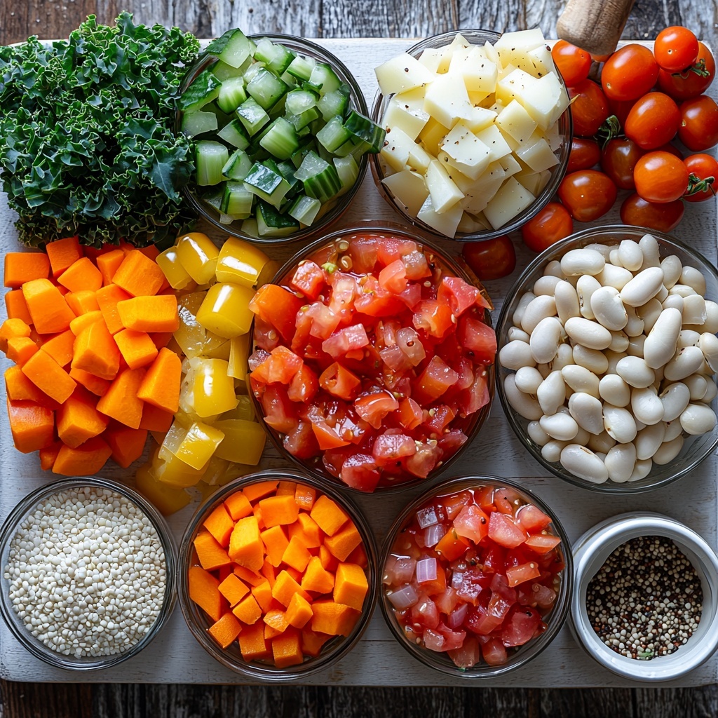 A clean white wooden surface arranged with fresh cooking ingredients for Quinoa Vegetable Soup: vibrant orange diced carrots, bright green chopped kale leaves, crisp pale green celery ribs diced, glossy red diced bell pepper pieces, translucent small diced onion, peeled garlic cloves whole and minced, two cans of diced tomatoes with labels partly visible, a small glass bowl of uncooked white quinoa grains, a white can of Cannellini beans drained with some beans slightly spilling out, a small bowl of golden extra virgin olive oil, a rustic wooden spoon resting nearby, sprinkled coarse salt and ground black pepper in small ceramic dishes, a glass container of Italian seasoning herbs, and a wedge of fresh parmesan cheese with a small grater beside it. The ingredients are neatly spaced with natural, soft daylight casting gentle shadows, emphasizing the varied textures and vivid colors, styled simply but elegantly to evoke freshness and warmth. Overhead shot, top down view, flat lay photography, professional food styling --ar 1:1 --q 2 --s 750 --v 6.1