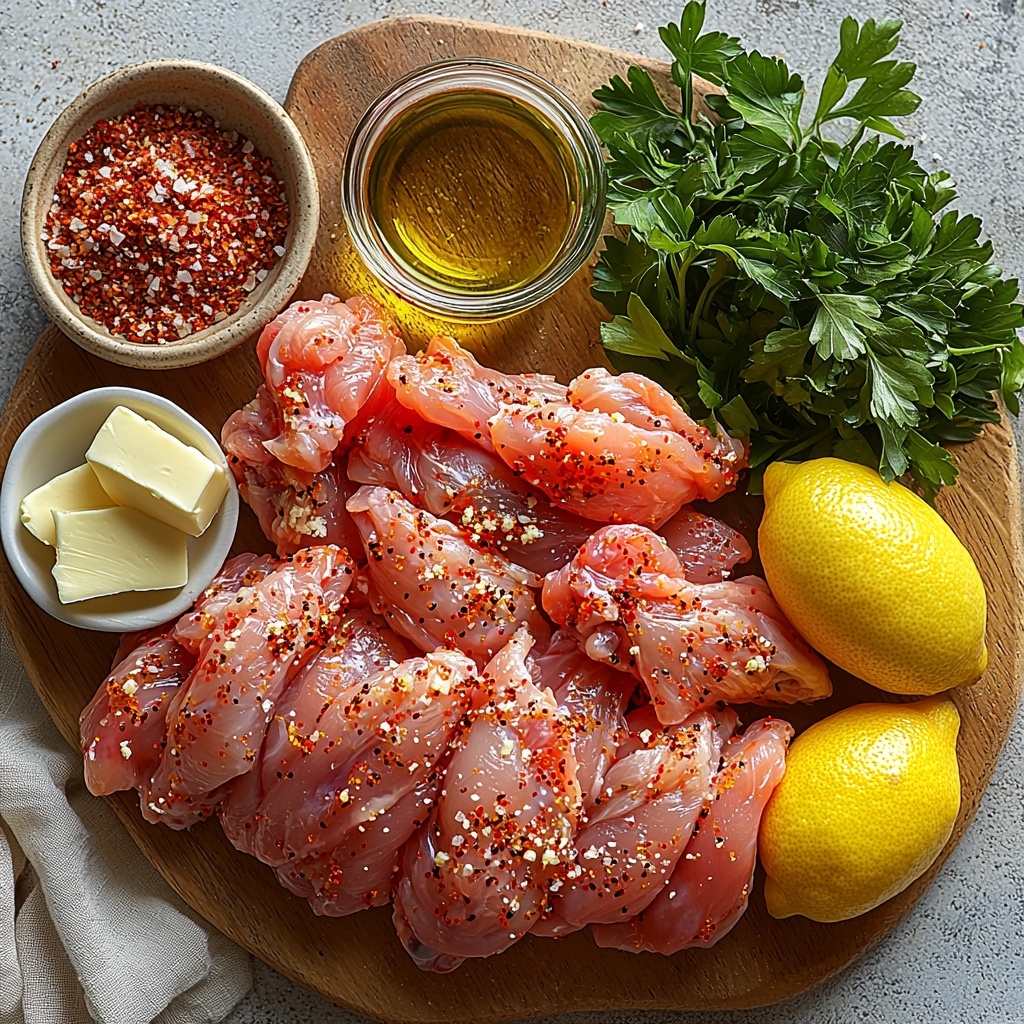 A clean, bright surface with a rustic wooden or white backdrop features the main ingredients for Old Bay Wings arranged meticulously in a flat lay composition. Raw chicken wings, pale pink with smooth, plump skin, are fanned out prominently in the center on a small, neutral-toned plate or directly on the surface. Nearby, a small glass bowl filled with vibrant orange-red Old Bay seasoning, its fine, slightly granular texture visible. Two additional small ceramic dishes hold pale yellow vegetable oil with a glossy sheen and finely ground white garlic powder beside finely textured off-white onion powder. A small pat of creamy, pale yellow butter sits on a rustic wooden butter knife or small white dish. Freshly chopped bright green parsley leaves add a pop of freshness in a small bowl, contrasted with bright yellow lemon wedges with a juicy, glossy texture. The ingredients are spaced evenly with subtle shadows and natural soft lighting that accentuates textures and colors. Minimal props, like a linen napkin with soft folds and a sleek measuring spoon, enhance the artisanal, home-cooked vibe. The overall styling is clean, inviting, and focused on the vibrant, wholesome ingredients with a balance of warm and fresh tones. Overhead shot, top down view, flat lay photography, professional food styling --ar 1:1 --q 2 --s 750 --v 6.1