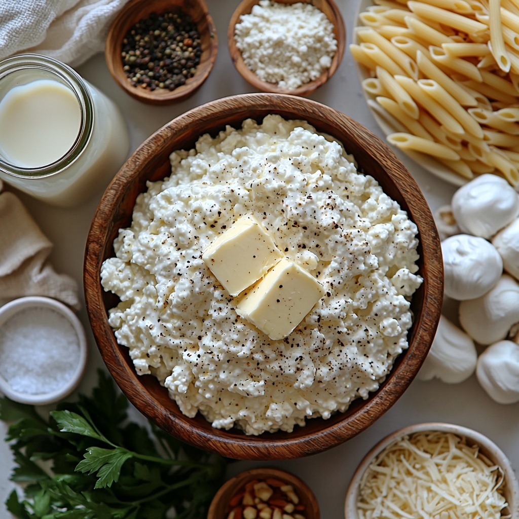 A clean, bright white surface neatly arranged with all ingredients for a Comforting Cottage Cheese Alfredo Bake: a rustic bowl filled with creamy white cottage cheese, a glass jug of smooth milk, a small wooden dish with three golden butter pats, a heap of finely grated pale Parmesan cheese, small white ceramic spoons holding salt, black pepper, and garlic powder powders, a clear glass measuring cup filled with rich golden chicken broth, uncooked pale yellow penne pasta scattered artfully in a small pile, shredded cooked chicken pieces with a slightly caramelized texture on a white plate, a mound of fluffy shredded mozzarella cheese, and fresh vibrant green parsley sprigs for a pop of color. The ingredients are spaced evenly with natural soft daylight highlighting the varied textures and colors, styled minimally with neutral linen napkins and subtle shadows to create a fresh, inviting atmosphere. overhead shot, top down view, flat lay photography, professional food styling --ar 1:1 --q 2 --s 750 --v 6.1