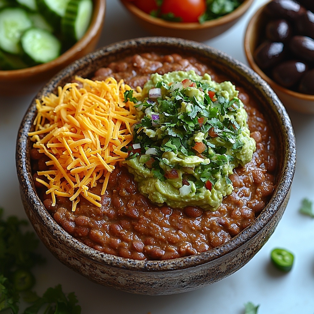 Refried beans in a rustic ceramic bowl, smooth and creamy with a deep reddish-brown color, next to a small wooden dish of warm, orange-hued taco seasoning powder. A vibrant bowl of bright green guacamole with chunky avocado texture, beside a bowl of silky, white sour cream. A heap of shredded yellow-orange cheese with fine strands, arranged loosely on a white plate. Fresh, diced tomatoes with juicy, glossy red pieces, scattered artistically on a crisp white surface. A small bowl filled with shiny, sliced black olives, their glossy deep black contrasting beautifully. Finely chopped green onions with fresh bright green and white pieces sprinkled in a delicate pile. All ingredients thoughtfully spaced on a clean, light-colored wooden table with soft natural lighting accentuating vibrant colors and contrasting textures, minimal shadows, styled for an inviting and colorful Mexican 7 Layer Dip assembly. Overhead shot, top down view, flat lay photography, professional food styling --ar 1:1 --q 2 --s 750 --v 6.1