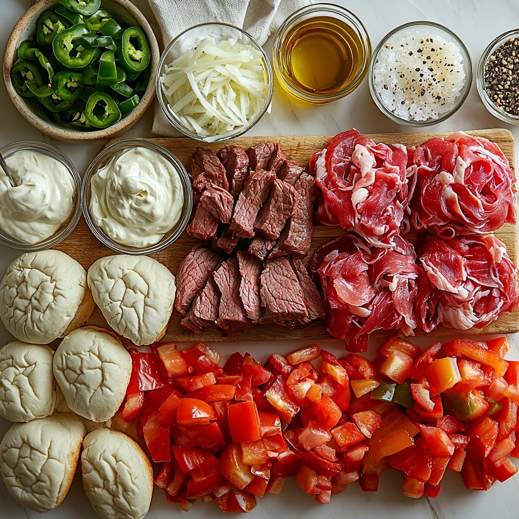 A clean white surface neatly arranged with the main ingredients for Philly Cheesesteak Sliders: thinly sliced raw beef in a small rustic bowl, shredded provolone cheese piled in a small white dish, sliced white onions and vibrant red and green bell peppers arranged in separate small glass bowls, a small jar of creamy mayonnaise with a spoon resting on top, a glossed wooden board with soft slider buns neatly stacked, a small dish of golden olive oil with a reflection, and small bowls of salt and black pepper. The colors are vivid and fresh: deep red beef, creamy white cheese and mayo, bright green and red peppers, translucent crisp onions, warm golden buns. Textures vary from soft bread, smooth cheese, tender meat to glossy oil and crisp vegetables. The composition is balanced and inviting, with natural daylight casting soft shadows, styled with minimal rustic props and a light linen napkin for contrast. overhead shot, top down view, flat lay photography, professional food styling --ar 1:1 --q 2 --s 750 --v 6.1