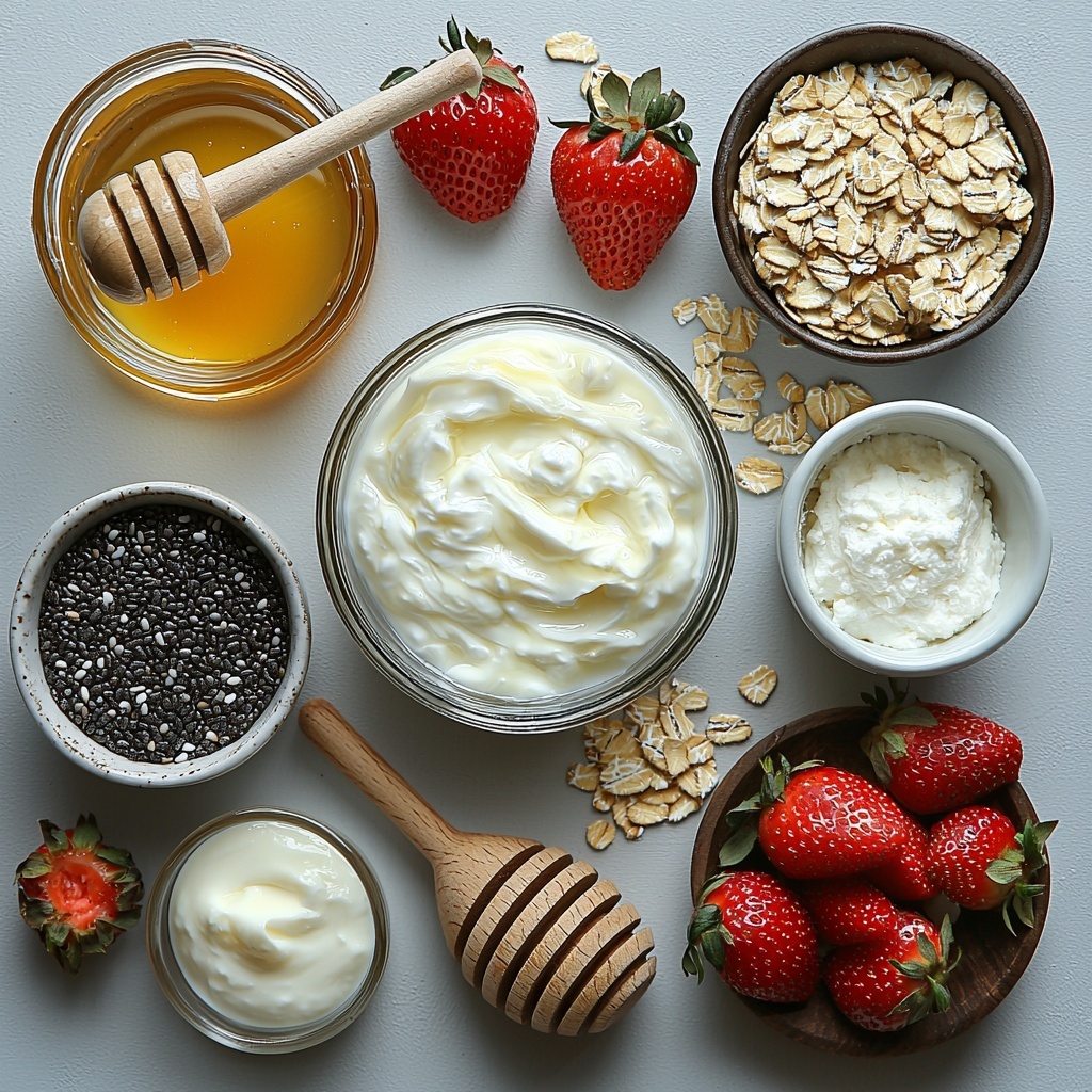 A clean, bright white surface with the main ingredients artfully arranged for a flat lay photography: a small clear glass bowl filled with creamy plain Greek yogurt showing smooth texture, next to a small white cup of rich, creamy softened cream cheese; a rustic wooden scoop overflowing with rolled oats spilling slightly onto the surface; a delicate glass jar of golden honey with a wooden honey dipper resting beside it; a small ceramic dish with shiny black chia seeds; a sleek white protein powder scoop filled with fine vanilla protein powder; a small glass jug of creamy, light-colored milk (dairy or almond), emphasizing smooth liquid texture; fresh, vibrant red chopped strawberries scattered gently on the surface and in a small bowl showcasing their juicy seeds and brightness; a tiny white ramekin with pale vanilla extract; and a small pinch of fine salt on a minimalist ceramic spoon. The composition balances warm natural tones and cool whites, highlighting varied textures from creamy to grainy and fresh juicy fruit. Soft natural light from the side creates gentle shadows and emphasizes the freshness and wholesome quality of the ingredients. Overhead shot, top down view, flat lay photography, professional food styling --ar 1:1 --q 2 --s 750 --v 6.1