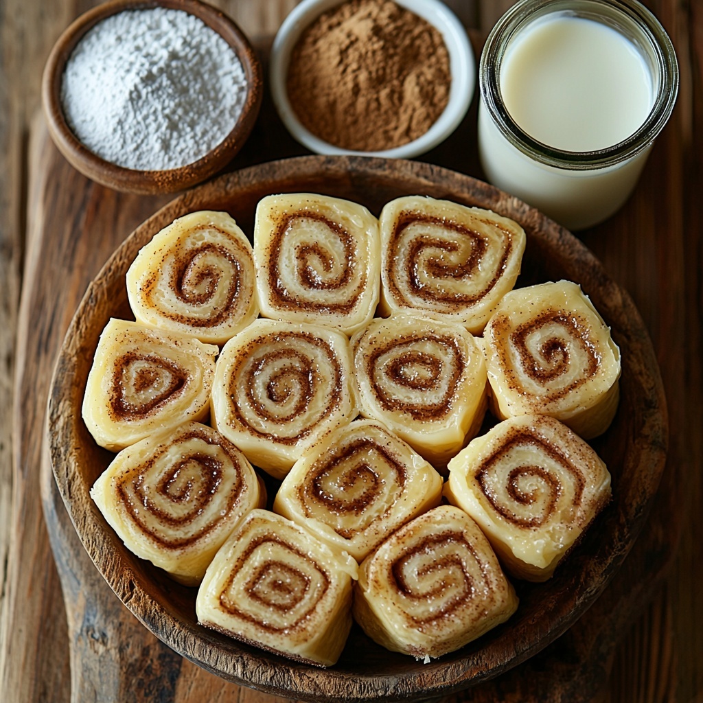 Cinnamon rolls cut into quarters arranged in a small rustic wooden bowl, a glass bowl with melted golden butter shimmering under soft light, a clear jar filled with rich, dark brown sugar, a small white ceramic dish holding warm brown ground cinnamon powder, a delicate white bowl with fine, snowy powdered sugar, and a small glass jug of creamy milk. All ingredients neatly spaced and styled on a clean, light wooden surface with natural textures, subtle shadows enhancing the warm tones of the brown sugar and cinnamon, highlighting the softness of the dough and smoothness of the butter, minimalistic yet cozy kitchen vibe, natural daylight with soft focus accents, overhead shot, top down view, flat lay photography, professional food styling --ar 1:1 --q 2 --s 750 --v 6.1
