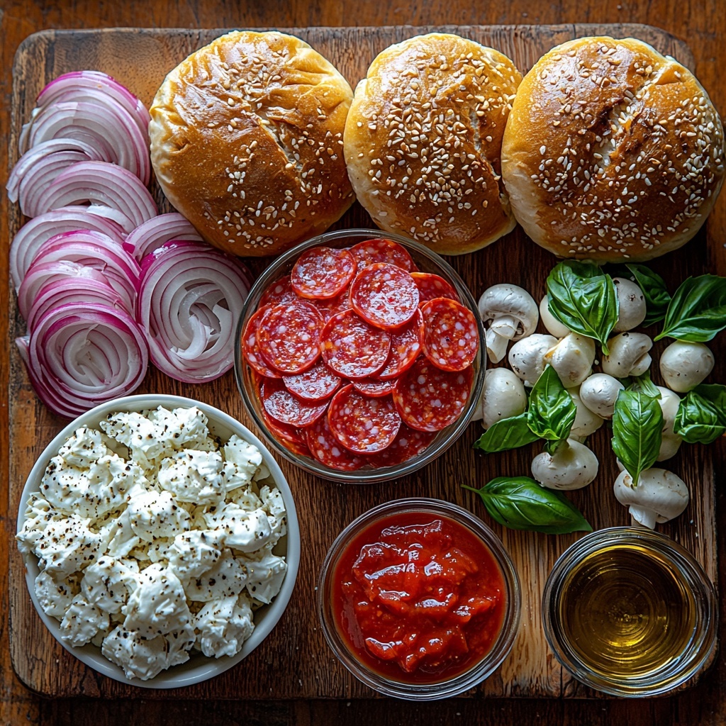 Ground beef raw in a small white bowl, vibrant red pizza sauce in a clear glass ramekin, shredded mozzarella cheese piled loosely with fluffy white texture, four golden brown burger buns arranged in a neat row, half cup bright red pepperoni slices fanned out on a rustic wooden board, quarter cup thinly sliced fresh mushrooms with creamy white and brown tones, quarter cup translucent sliced red onions with vivid purple rings, small bowl of coarse salt and cracked black pepper, small glass jar of golden olive oil with a glint of light, fresh green basil leaves scattered artistically nearby -- all ingredients placed on a clean, light wood surface with natural soft daylight highlighting colors and textures, subtle shadows for depth, minimalistic and airy styling with a hint of rustic charm -- overhead shot, top down view, flat lay photography, professional food styling --ar 1:1 --q 2 --s 750 --v 6.1