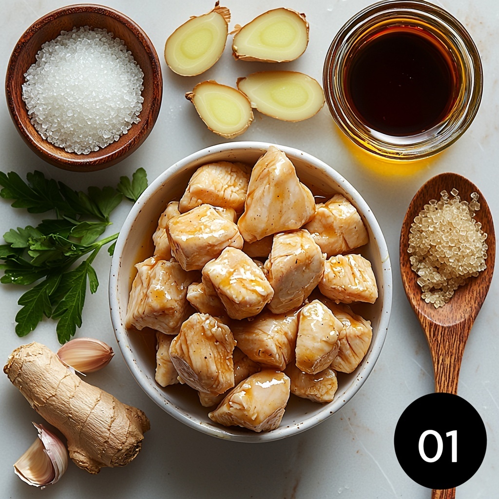4 boneless skinless chicken breasts cut into bite-sized pieces, three cloves of fresh garlic minced in a small white bowl, one tablespoon fresh grated ginger displayed as a small pile with thin strands visible, ½ cup low-sodium soy sauce in a glass measuring cup showing its dark, glossy texture, ¼ cup light brown sugar heaped in a rustic wooden spoon, two tablespoons clear rice vinegar in a small transparent bowl catching the light, one tablespoon rich golden sesame oil shimmering in a tiny ceramic dish; all ingredients neatly arranged on a clean white marble surface with subtle natural light highlighting the colors and textures, soft shadows creating depth, minimalist styling with a touch of rustic charm from wooden utensils and small green herb sprigs scattered lightly for contrast, overhead shot, top down view, flat lay photography, professional food styling --ar 1:1 --q 2 --s 750 --v 6.1