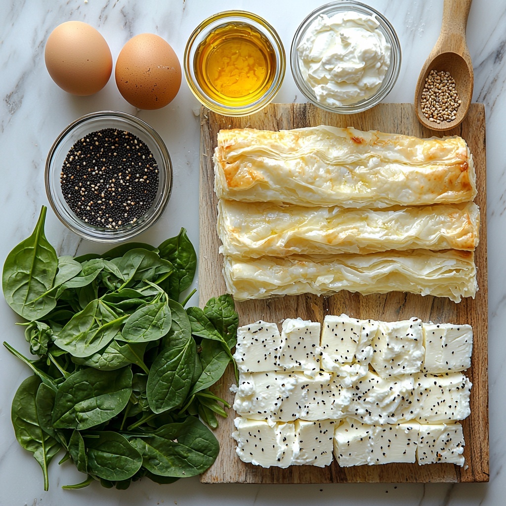 puff pastry sheet folded and unrolled on a clean white marble surface, small glass bowl with crumbled white feta cheese, smooth and creamy ricotta cheese in a ceramic bowl, fresh vibrant green spinach leaves loosely scattered, small clear dish of golden olive oil, finely chopped pale purple onion in a neat pile, two peeled garlic cloves minced next to a wooden spoon, small bowls containing salt, black pepper, and a pinch of ground nutmeg, a cracked egg with bright yellow yolk visible in a white ramekin, small heap of black poppy seeds and sesame seeds on a rustic wooden board, soft natural daylight highlighting the varied textures and colors, subtle shadows for depth, minimalist white background, overhead shot, top down view, flat lay photography, professional food styling --ar 1:1 --q 2 --s 750 --v 6.1