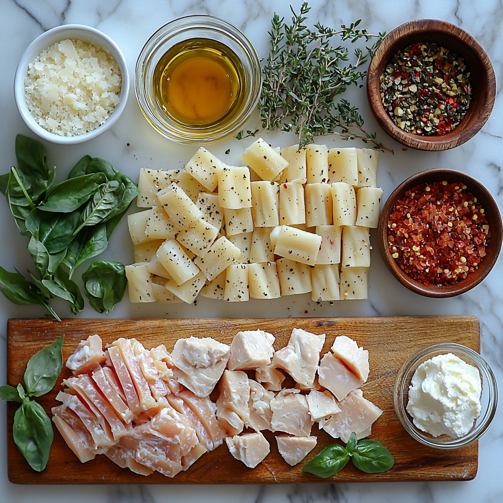 A clean white marble surface with all the main ingredients for creamy white lasagna soup arranged neatly: a small glass bowl of golden olive oil; a wooden bowl filled with finely chopped translucent onion pieces; scattered coarse kosher salt crystals; a ramekin with minced white garlic cloves; a tiny dish holding vibrant red pepper flakes; raw boneless chicken breast pieces, pale pink and fresh, artistically placed on a wooden board; a clear glass measuring cup of rich, amber chicken stock; a small clear bowl of plain water; a single fresh green bay leaf and a few sprigs of thyme with delicate green leaves laid nearby; broken pieces of pale yellow lasagna noodles and Mafalda corta pasta fanned out; a white ceramic cup filled with creamy whole milk; a bunch of deep green baby spinach leaves loosely piled; a small bowl of freshly grated Parmesan cheese with its crumbly texture visible; a rustic dish with smooth white ricotta cheese; and a handful of vibrant torn basil leaves scattered artfully. Soft natural lighting enhances the fresh colors and varied textures, with gentle shadows adding depth. The composition is balanced and airy, leaving negative space for a calming, clean aesthetic. Overhead shot, top down view, flat lay photography, professional food styling --ar 1:1 --q 2 --s 750 --v 6.1