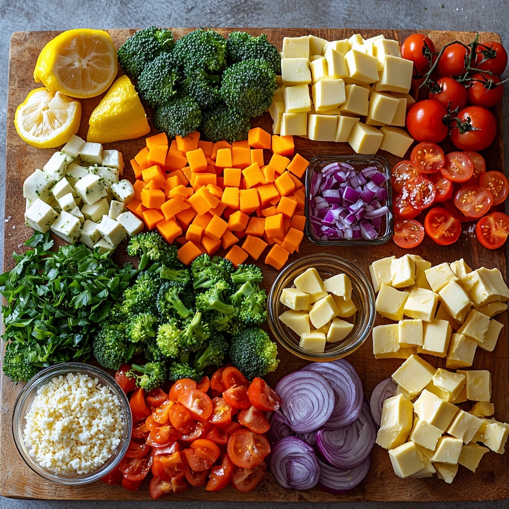 A clean, light-colored wooden surface arranged with fresh and vibrant ingredients for Pasta Primavera: bright green broccoli florets in bite-sized pieces, vivid orange julienned carrots, deep purple sliced red onions, glossy red bell pepper slices, chunky pale green zucchini pieces, small vibrant green frozen peas, and halved cherry tomatoes showing their juicy red interiors. Nearby, a small pile of pale yellow uncooked ziti pasta, a small mound of freshly grated parmesan cheese with a slightly crumbly texture, and a few cloves of minced garlic displayed in a shallow white dish. Additional elements include a small glass measuring cup filled with a creamy, light beige sauce mixture, a halved lemon showing bright yellow flesh with a few lemon slices, a small ceramic bowl of golden olive oil, and rustic chunks of pale yellow butter. Scattered around are pinches of dried herbs: parsley, basil, oregano, mustard powder, and a few red pepper flakes adding subtle pops of color. A chicken bouillon cube, a few small bowls of soy sauce and hot sauce, and a pinch of salt and pepper are arranged neatly to complete the layout. The composition emphasizes fresh textures, vibrant colors, and balanced spacing on a neutral backdrop with soft natural light to highlight the freshness and variety of ingredients. Overhead shot, top down view, flat lay photography, professional food styling --ar 1:1 --q 2 --s 750 --v 6.1