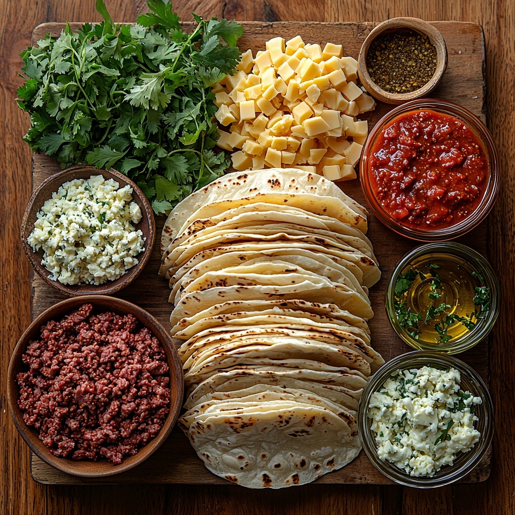 /Imagine a clean, light-colored wooden surface with all the main ingredients for crispy baked beef tacos arranged neatly in a bright, inviting flat lay. There is a pound of raw lean ground beef, rich red and marbled with fat, placed in a small rustic bowl. Next to it, a small packet of taco seasoning with vibrant, warm earthy colors visible through a partially open transparent pouch. A small glass bowl holds a deep red, glossy enchilada sauce with smooth texture. Nearby, a generous heap of shredded Oaxaca cheese, creamy white with a slightly stringy texture, mingling with Monterey Jack cheese showing pale yellow hues. A neat stack of ten golden corn tortillas rests beside the cheese, showcasing their smooth, slightly rough surface and warm, natural corn color. A small glass container with golden olive oil, catching light with a subtle sheen, completes the scene. The ingredients are styled with natural linen napkins, a few sprigs of fresh cilantro for a pop of green, and minimal shadows to enhance textures. The overall look is vibrant, fresh, and ready for cooking, capturing the essence of homemade Mexican flavors and rustic comfort food. Overhead shot, top down view, flat lay photography, professional food styling --ar 1:1 --q 2 --s 750 --v 6.1